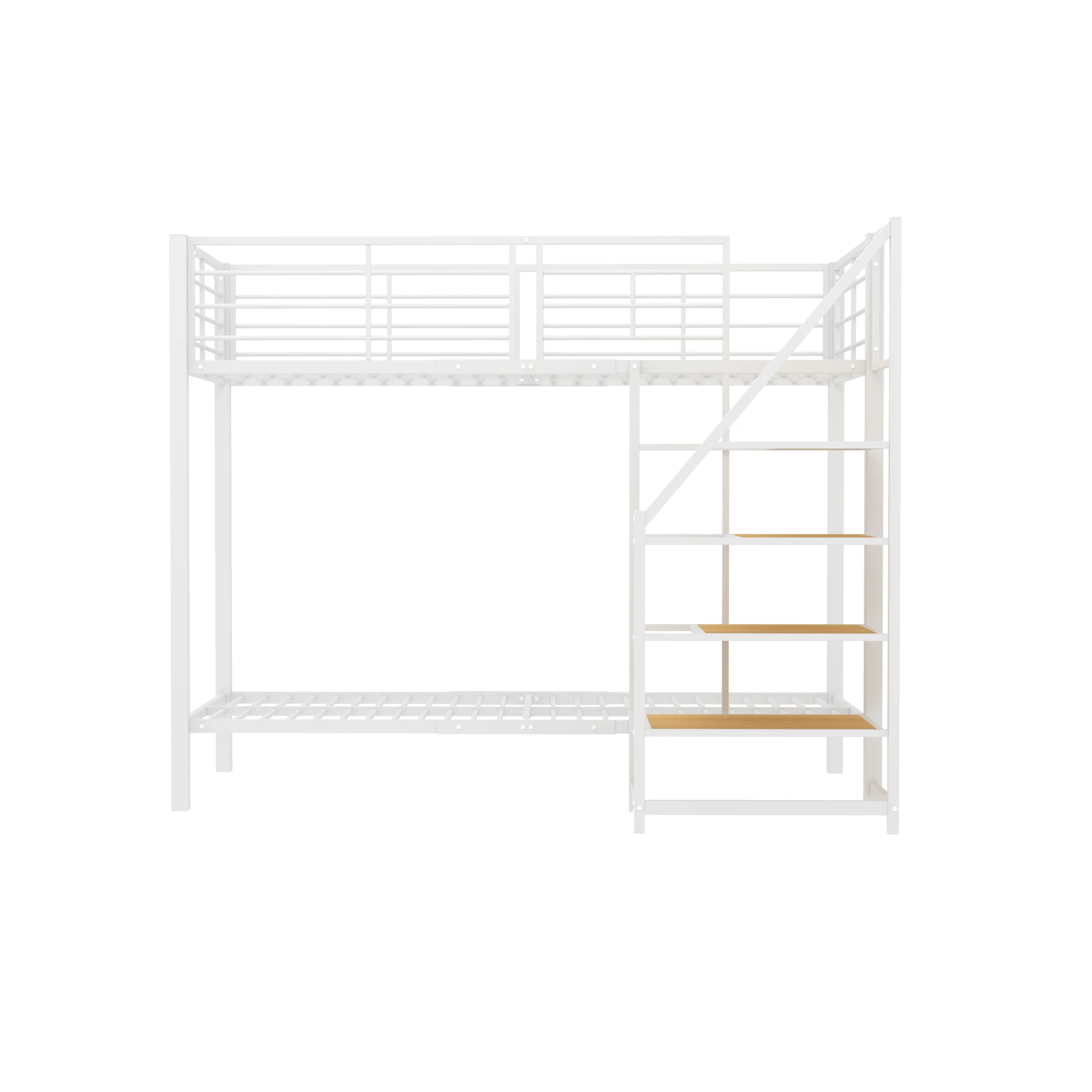 Eisen-Etagenbett 90x200 cm, weißes Jugendbett mit Stauraumtreppe und hohem Geländer, Doppelbett
