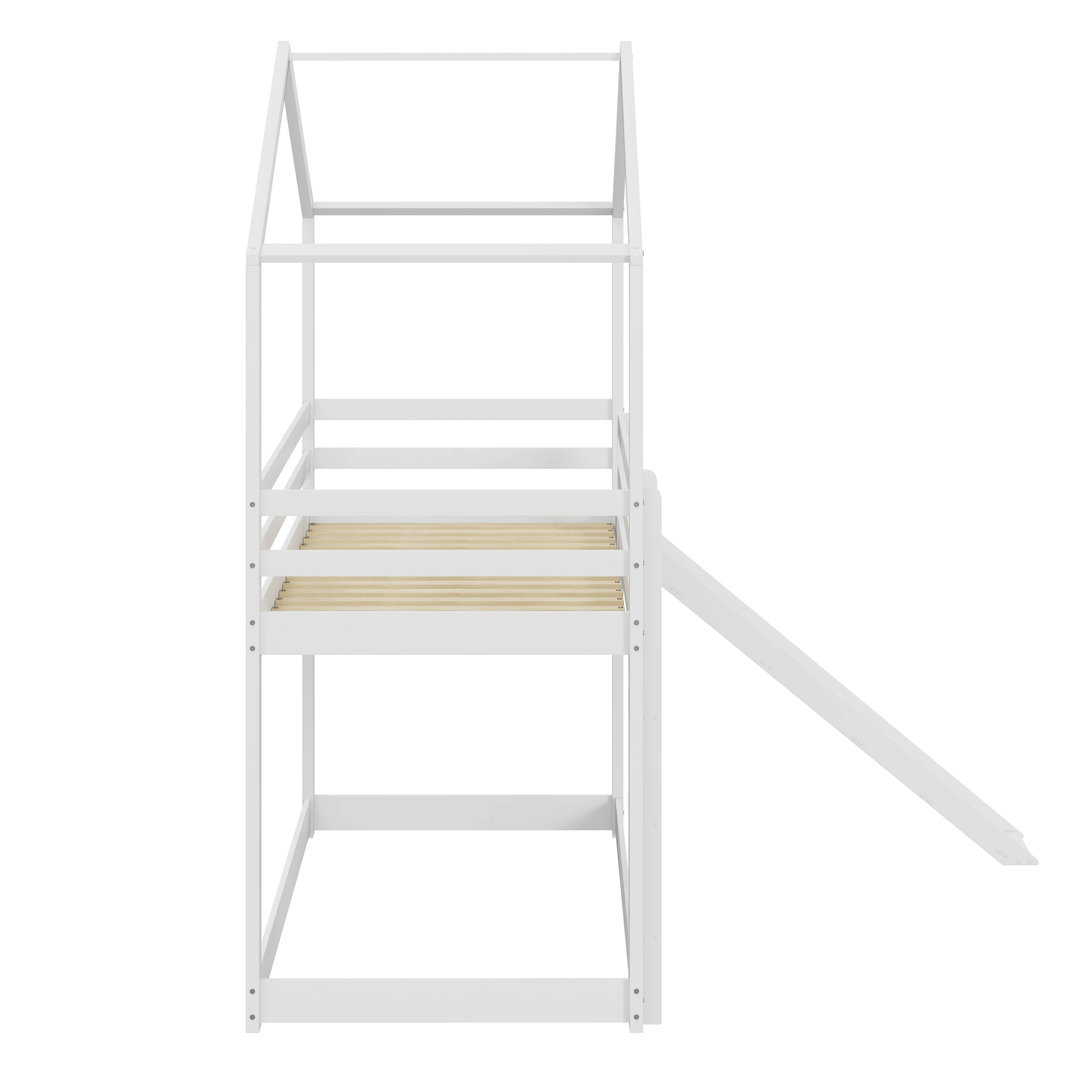 Hausbett 90x200 cm: Niedriges Etagenbett, Massivholzrahmen, Rutsche, Lattenrost, weiß