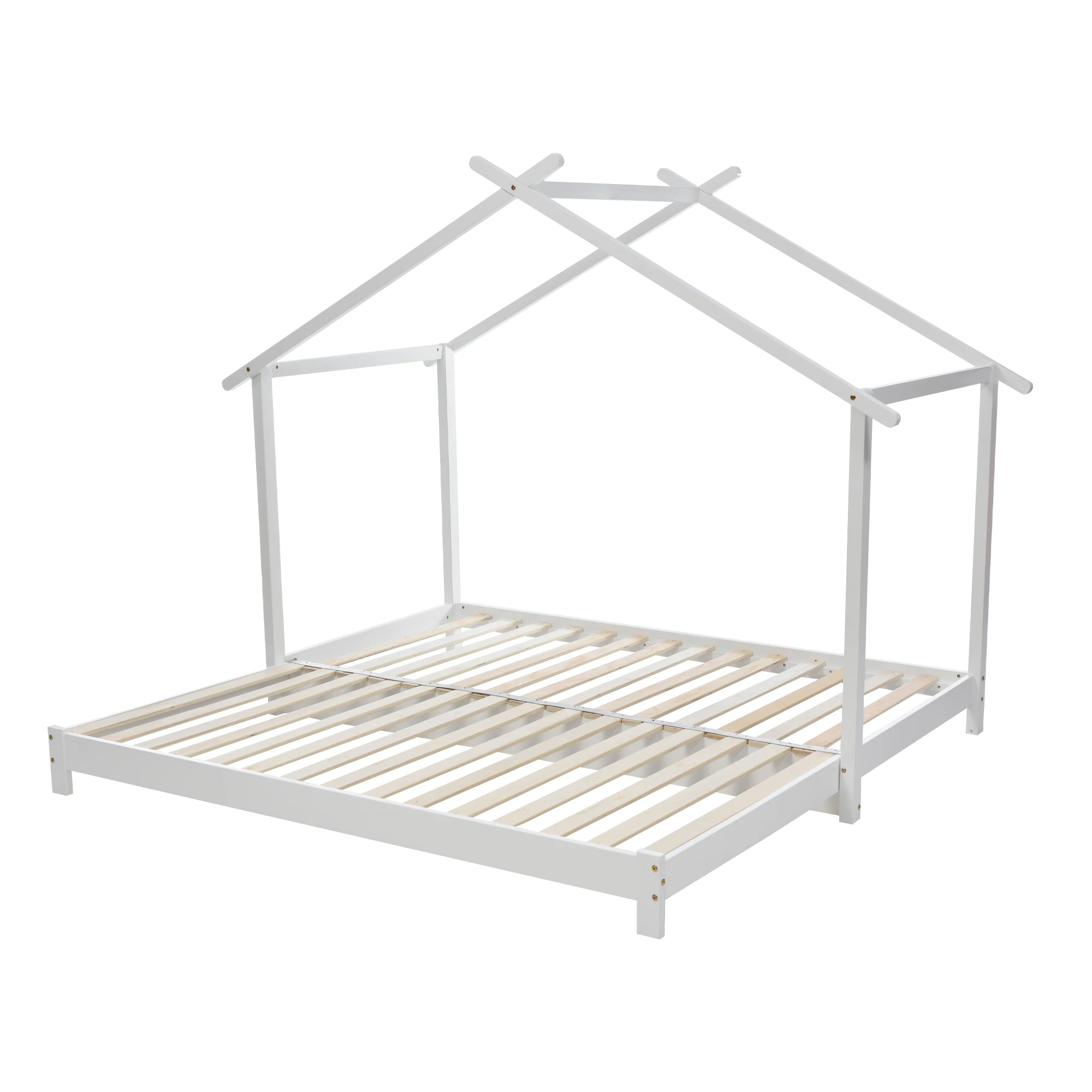 Hausbett 90/180x190 cm aus Massivholz für Kinder, umbaubar, mit Lattenrost, Weiß