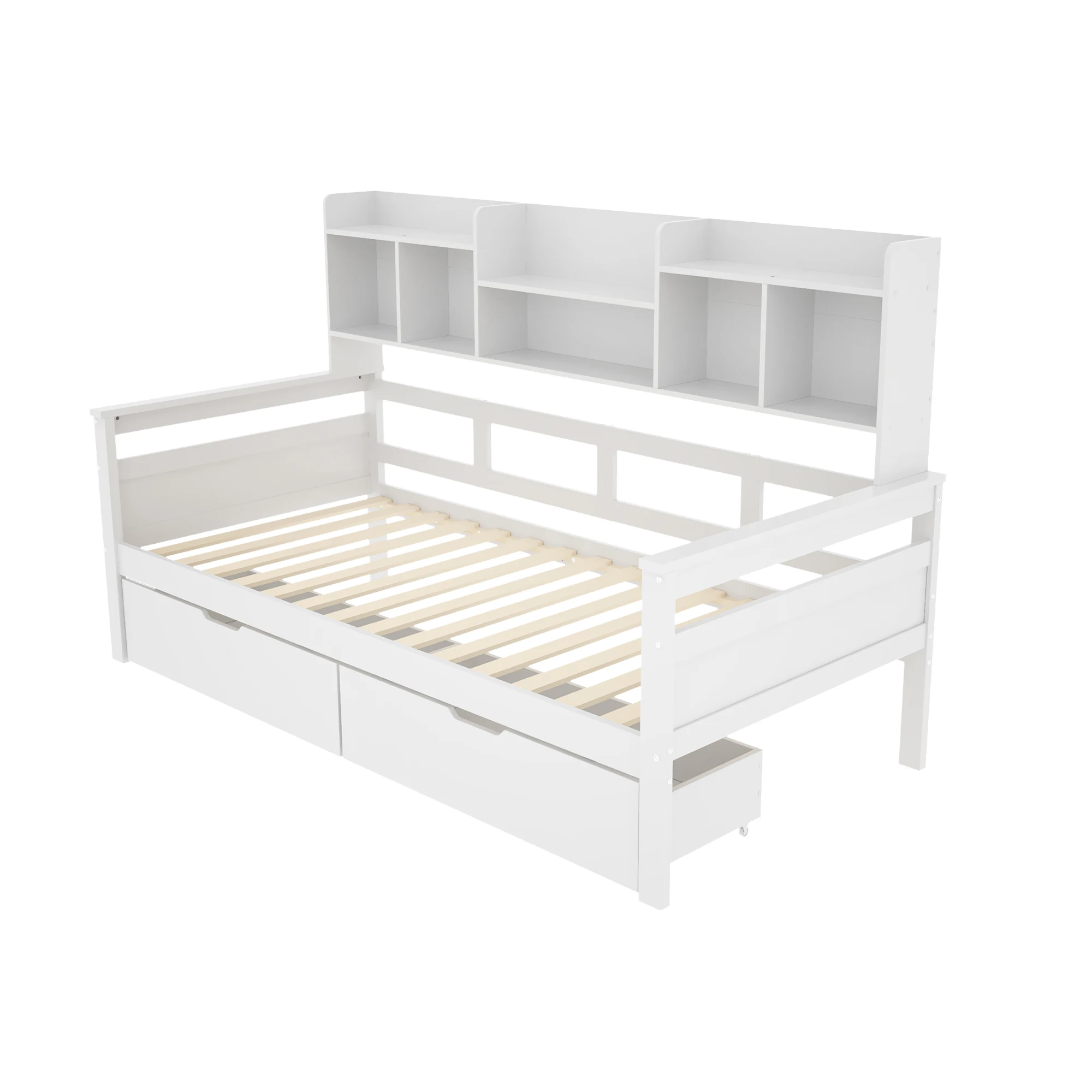 Schlafsofa 90x200 cm mit Schubladen und Regalen, Lattenrost, Einzel- und Jugendbett, Massivholz,