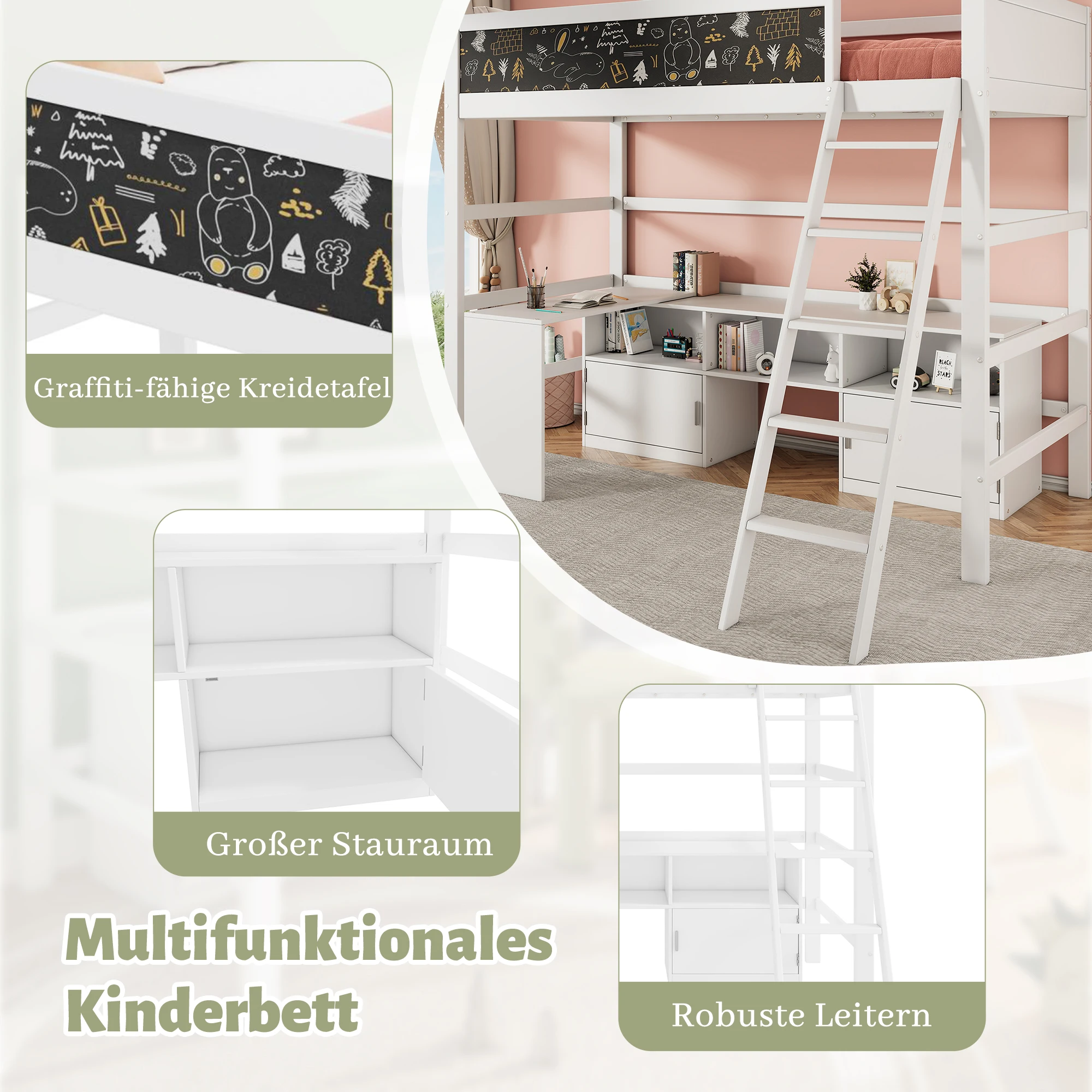 Multifunktionales Etagenbett 90x200 cm: Mit beweglichem Tisch, Tafel, Stauraum, ohne Matratze, weiß