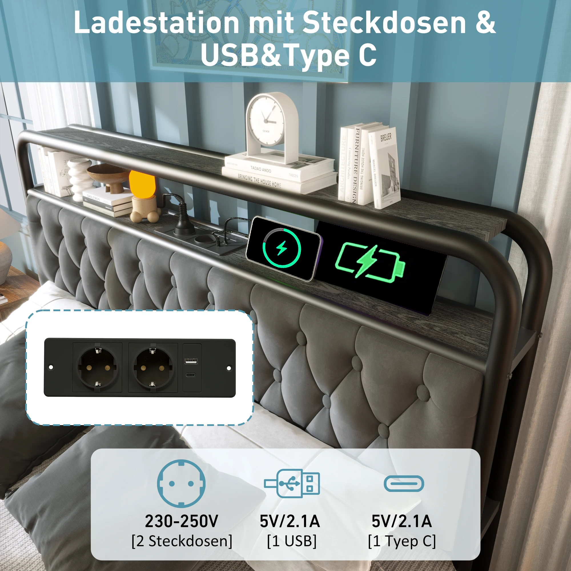 Polsterbett 160x200 mit USB-C-Ladefunktion, LED-Licht, 4 Schubladen, Stauraum und App-Steuerung,