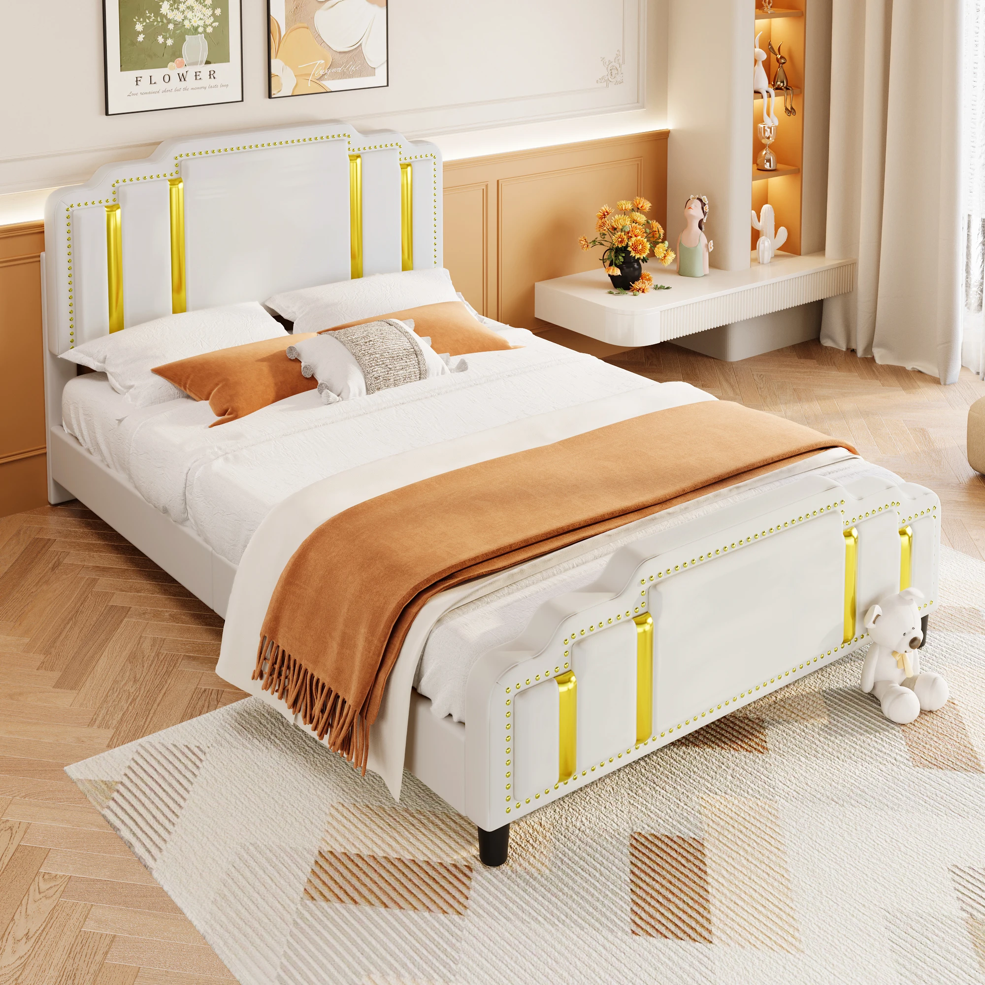 Polsterbett 140x200 cm, gepolstert, mit Goldstreifen, luxuriös-minimalistisches Design, Beige