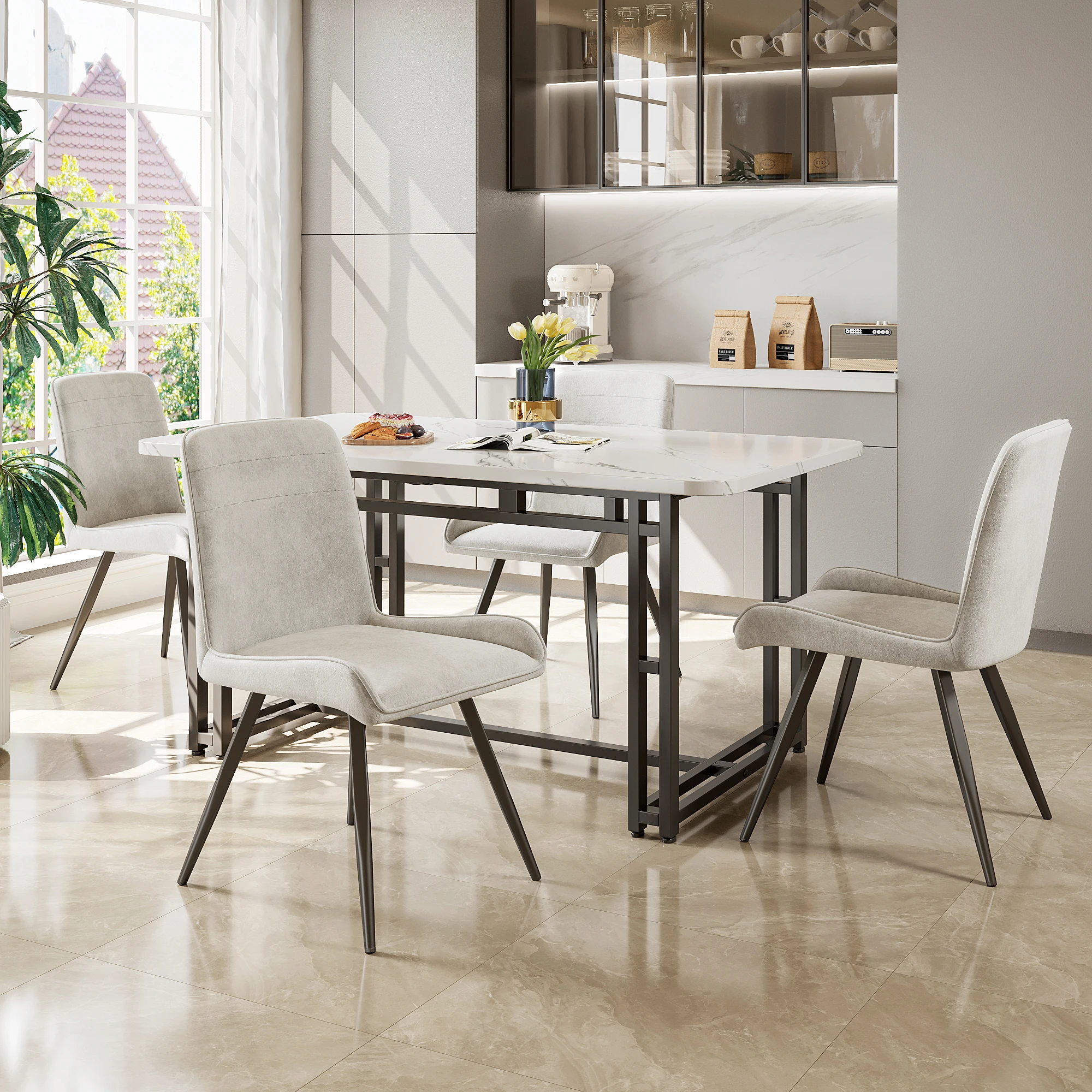 Esszimmerstühle 4er Set, Ergonomischer Küchenstuhl mit Rückenlehne, Metallbeine, Beige