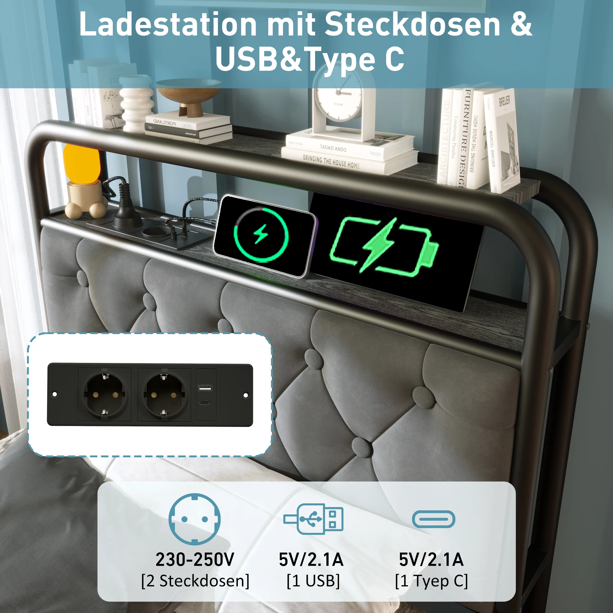 Polster-Einzelbett mit USB-C Ladefunktion, LED-Beleuchtung, Metallrahmen, 90x200 cm, Samtbezug und 2