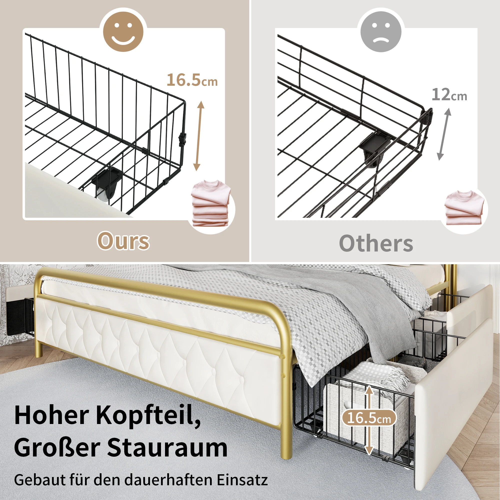 Polsterbett 140x200 mit USB-C-Ladefunktion, LED-Licht, 4 Schubladen und App-Steuerung, Samt,