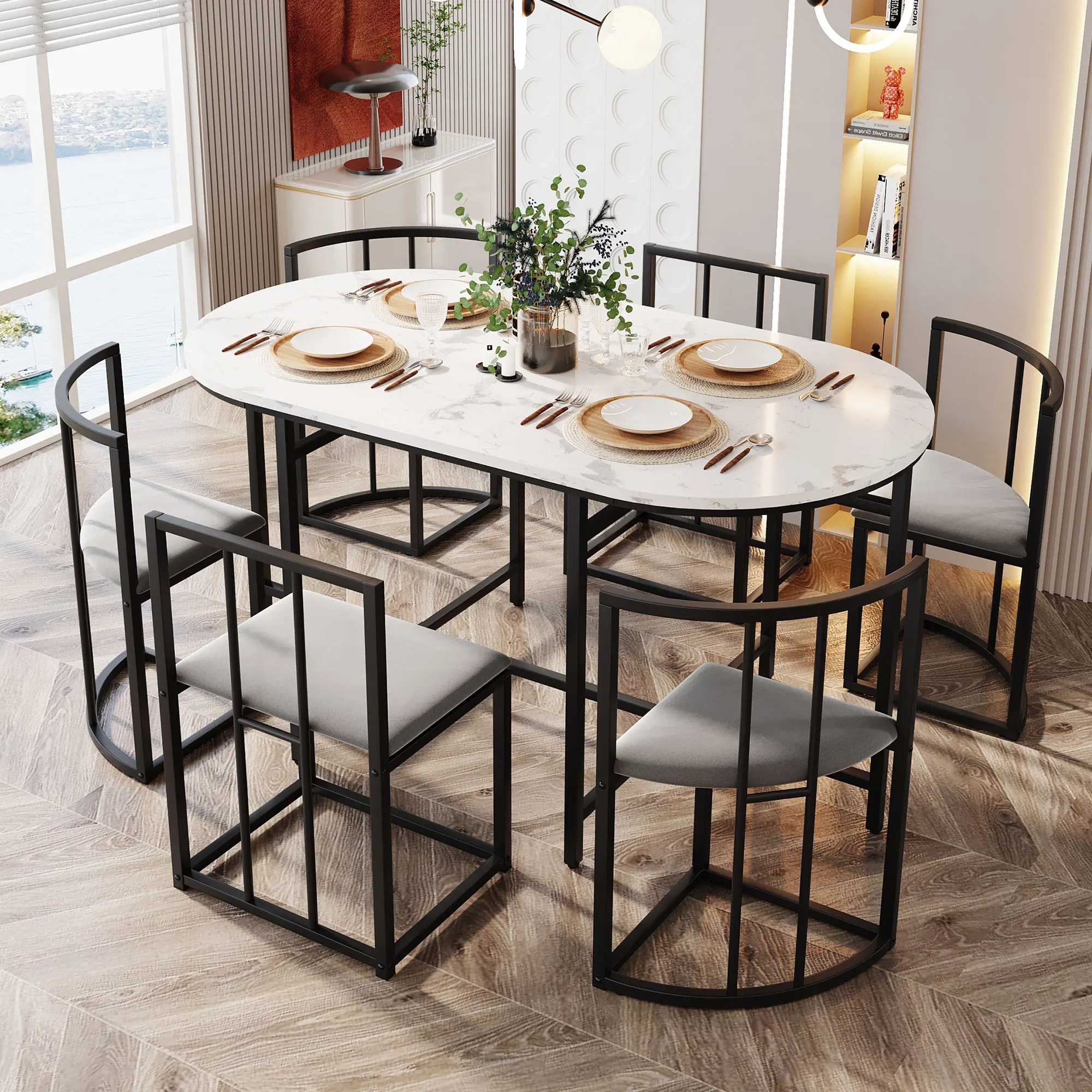 Essgruppe mit 6 Stühlen, Weißer Tisch, Stühle mit grauen Polstern, Schwarzes Eisengestell