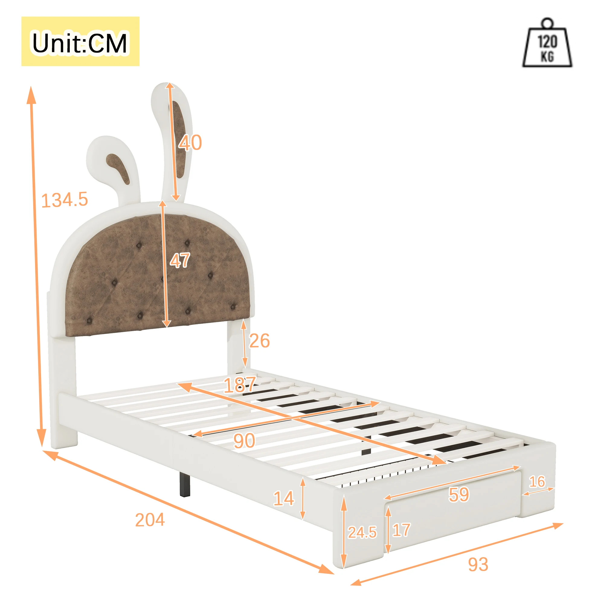 Bett 90x200 cm, Flachbett in Hasenform, mit Bettkasten, PU-Material, Beige
