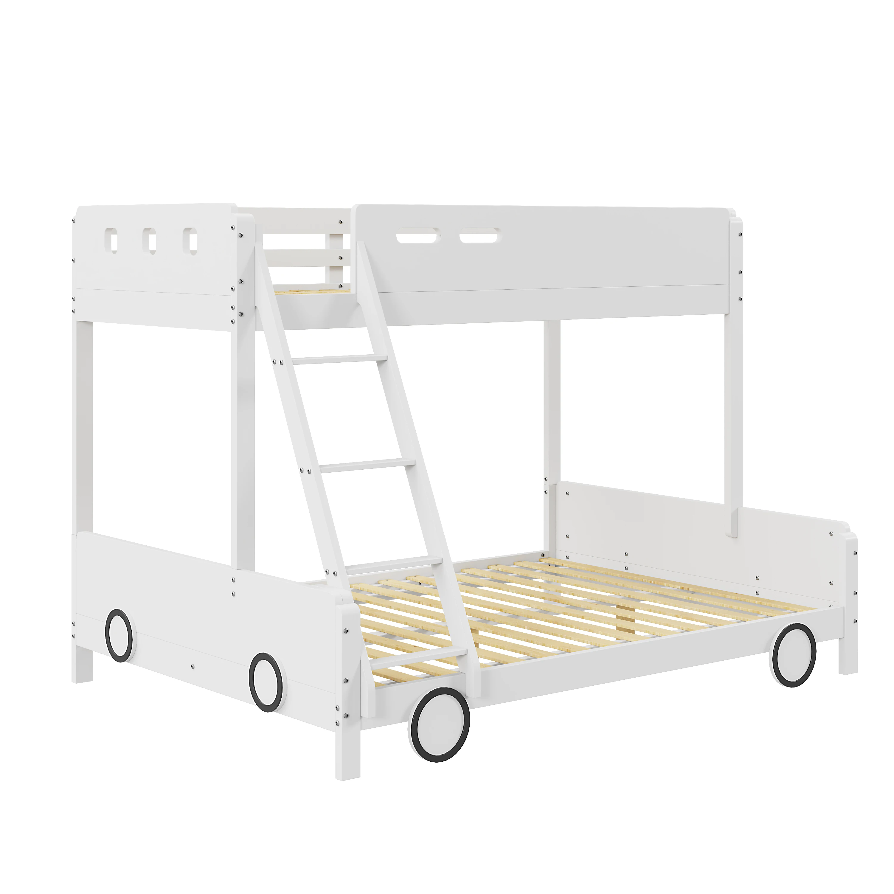 Etagenbett mit Auto-Design, oberes Bett 90x200 cm, unteres Bett 140x200 cm, robustes Massivholzbett