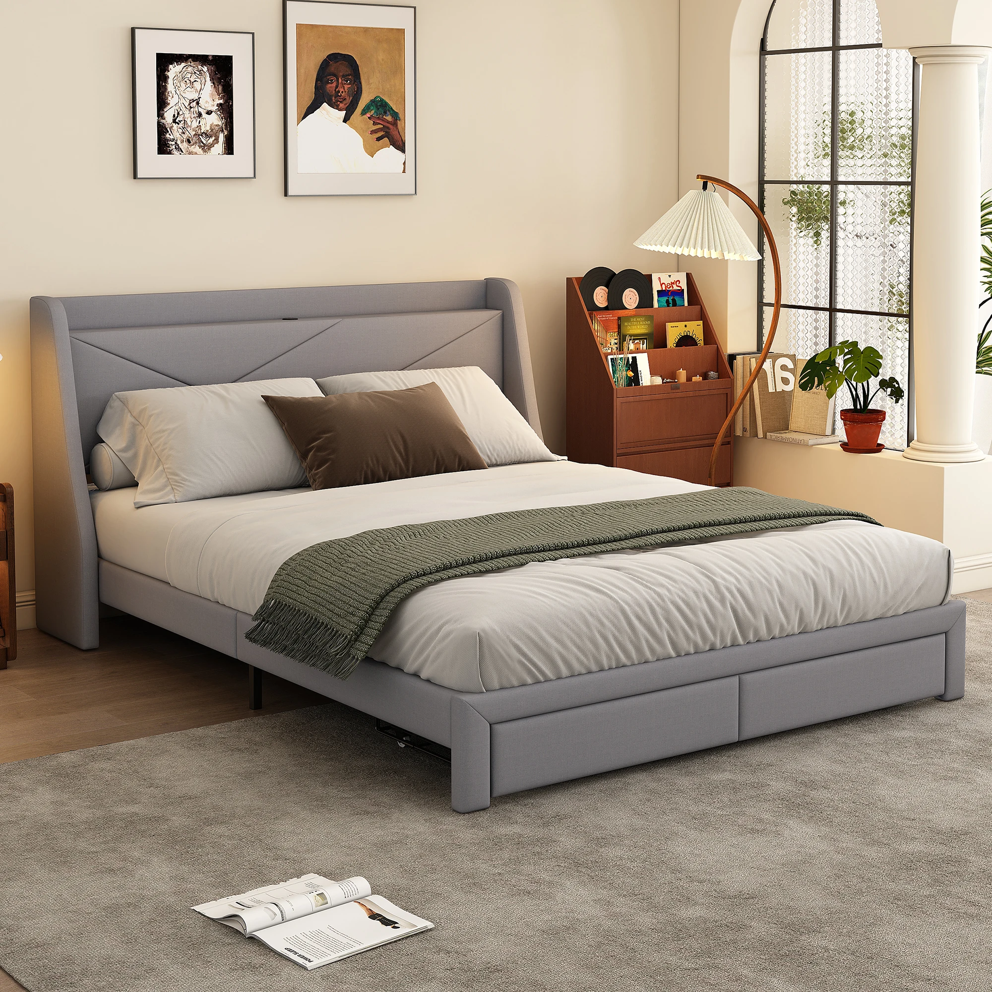 Gepolstertes Bett 140x200 cm, praktisches Kopfteil mit Staufach, USB-Steckdose, Endlagerschublade,