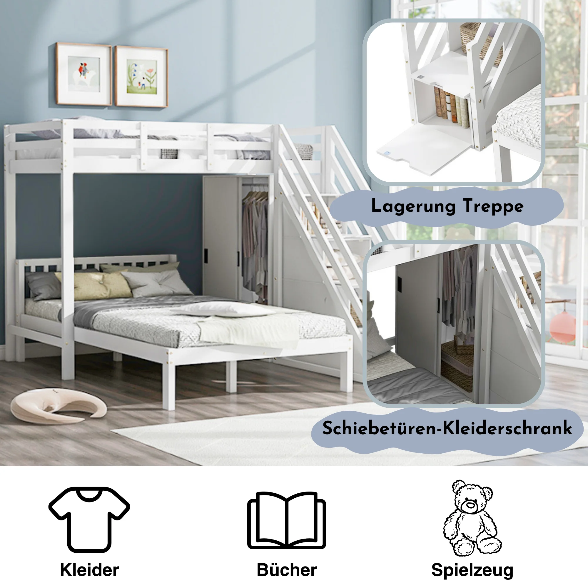 Etagenbett 90x200 cm + 120x200 cm, multifunktionales Kinderbett mit Stauraumtreppe und