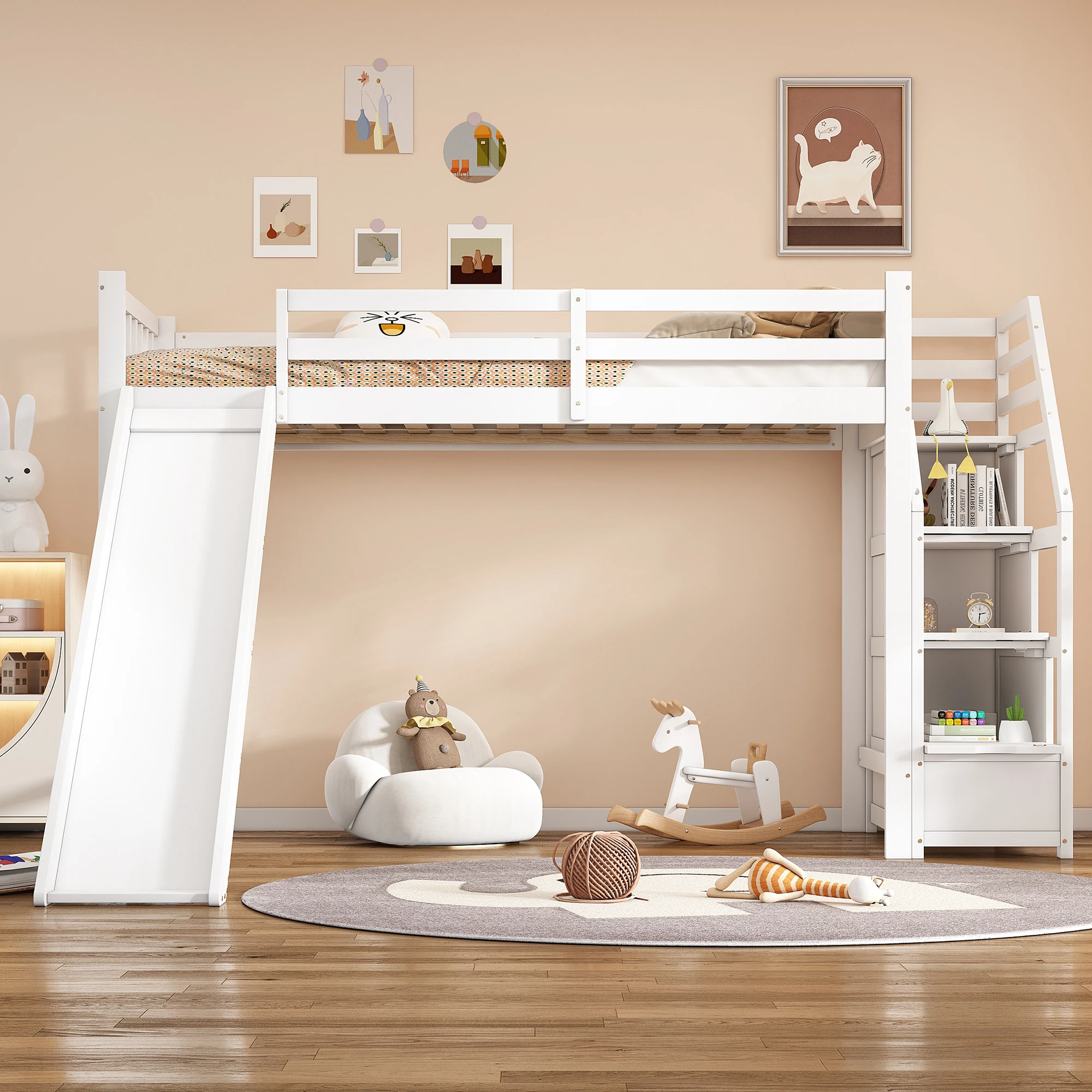 Hochbett für Kinder, 90x200 cm, weiß, mit Rutsche, Ablageleiter, EN747 zertifiziert