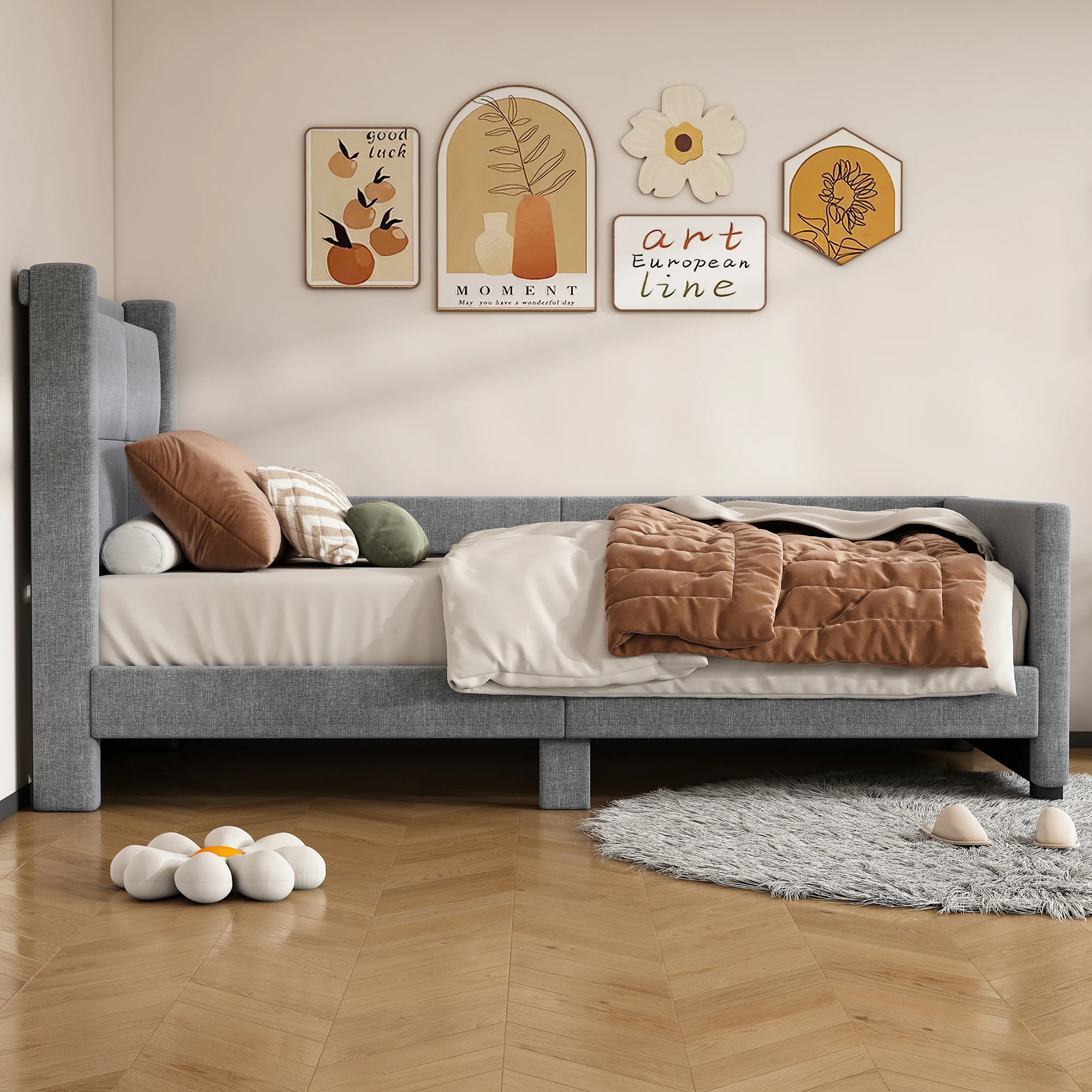 90x200 cm Polsterbett mit USB-Anschluss, schlichtes minimalistisches Design, Grau