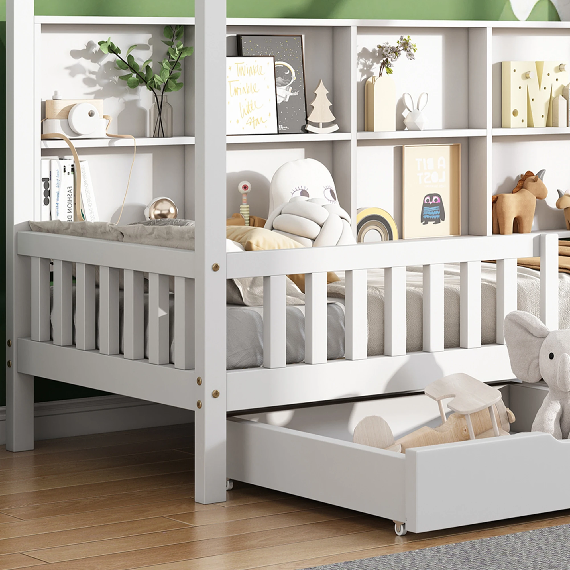Hausbett 90x200 cm mit Bücherregal, Stauschubladen, Kaminform, Mehrzweckablage, Weiß