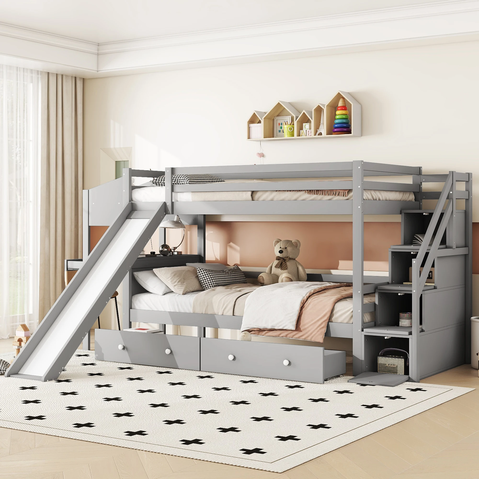Etagenbett 90x200 cm aus Massivholz mit Rutsche, Multifunktionstisch und Regalleiter, vielseitig, in