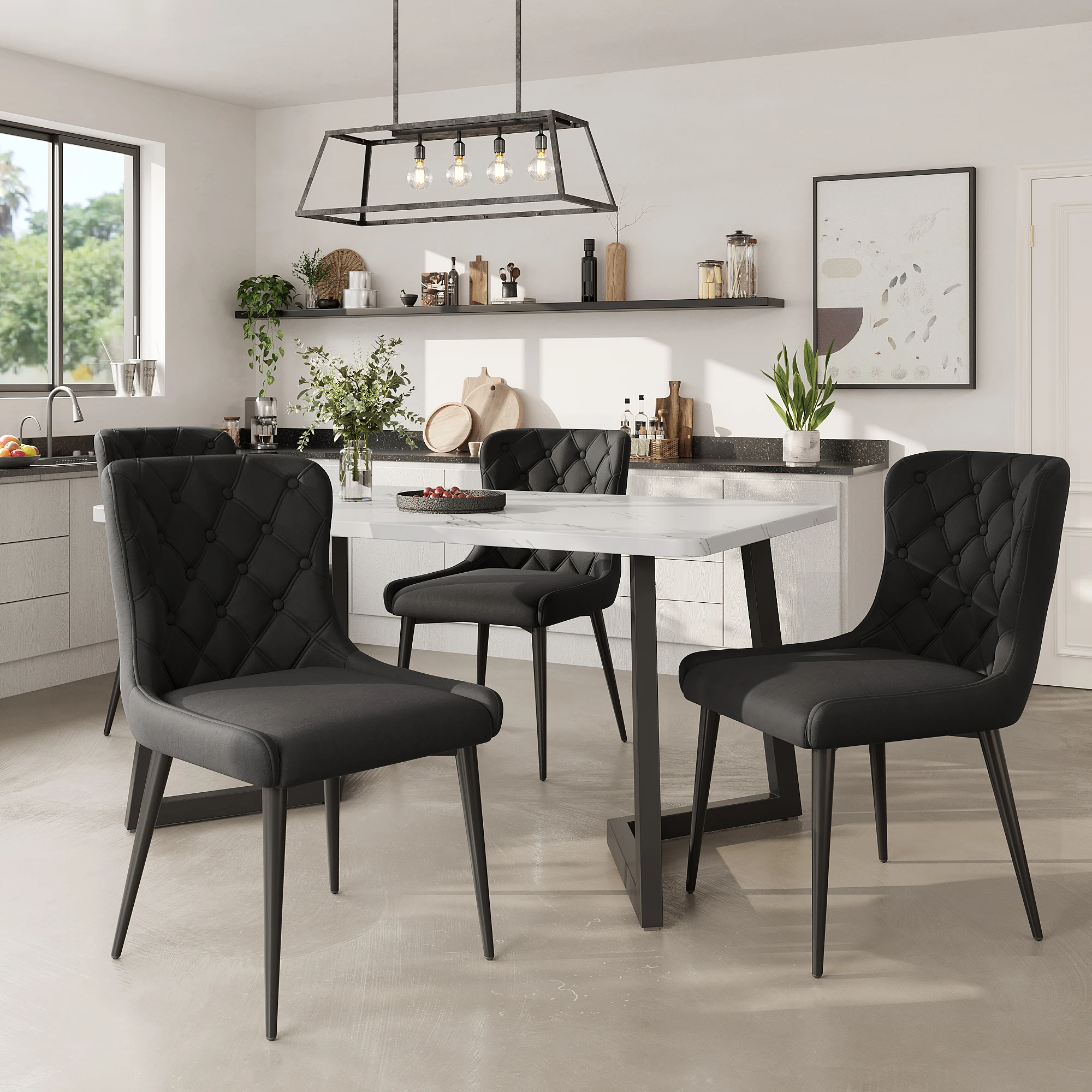 Essgruppe (5-tlg) 117x68 cm Esstisch mit 4 Stühlen, Küchentisch Set, Eisenstuhlbeine, Schwarz