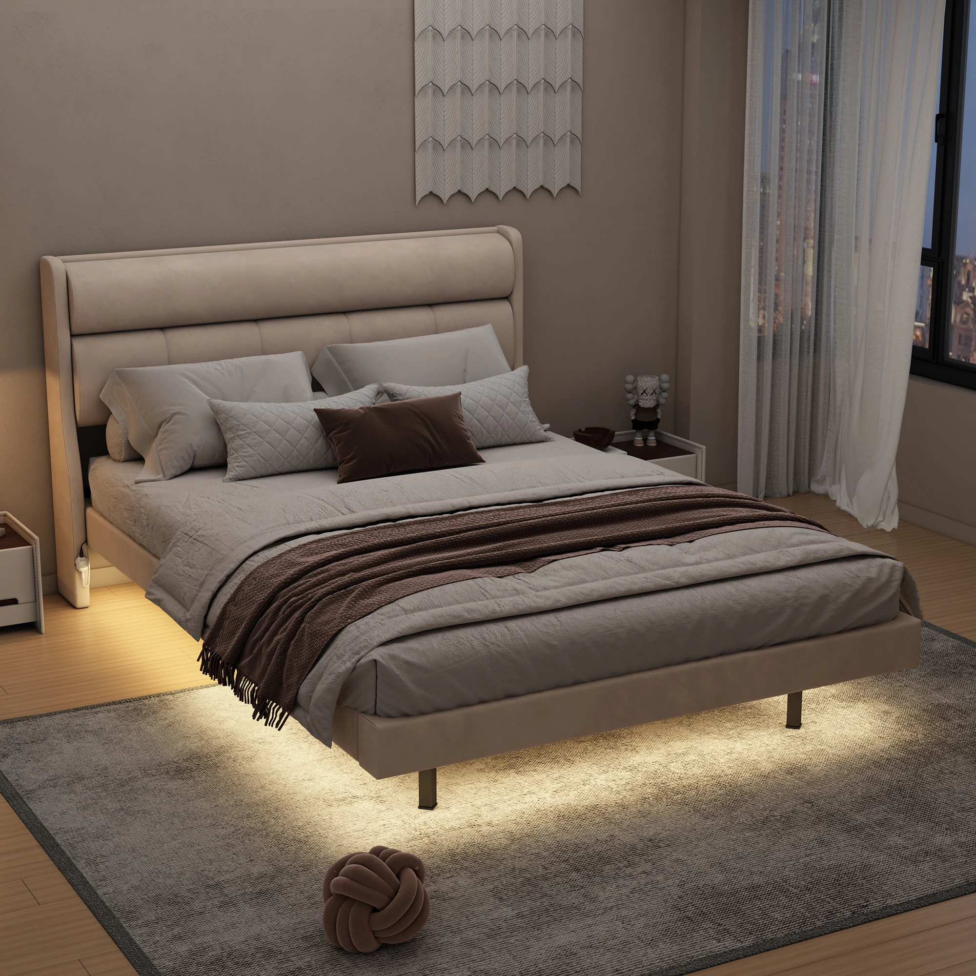 Gepolstertes Bett 140x200 cm, schwebendes Design mit Sensortechnik, warm gepolstert, Beige