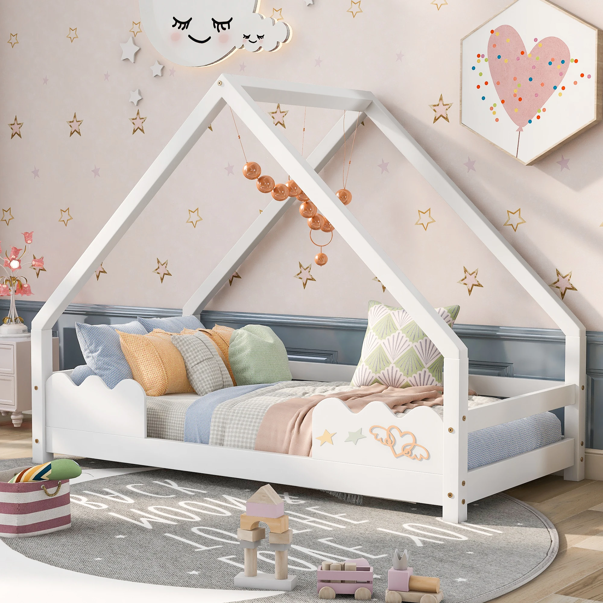 Hausbett 90x200 cm: Mit Rausfallschutz, Spielbett, Jugendbett, Massivholz, weiß
