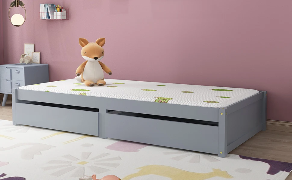 Massivholzbett 90x200 cm, Einzelbett mit 2 Schubladen und Lattenrost, modernes Design, Bettkasten in