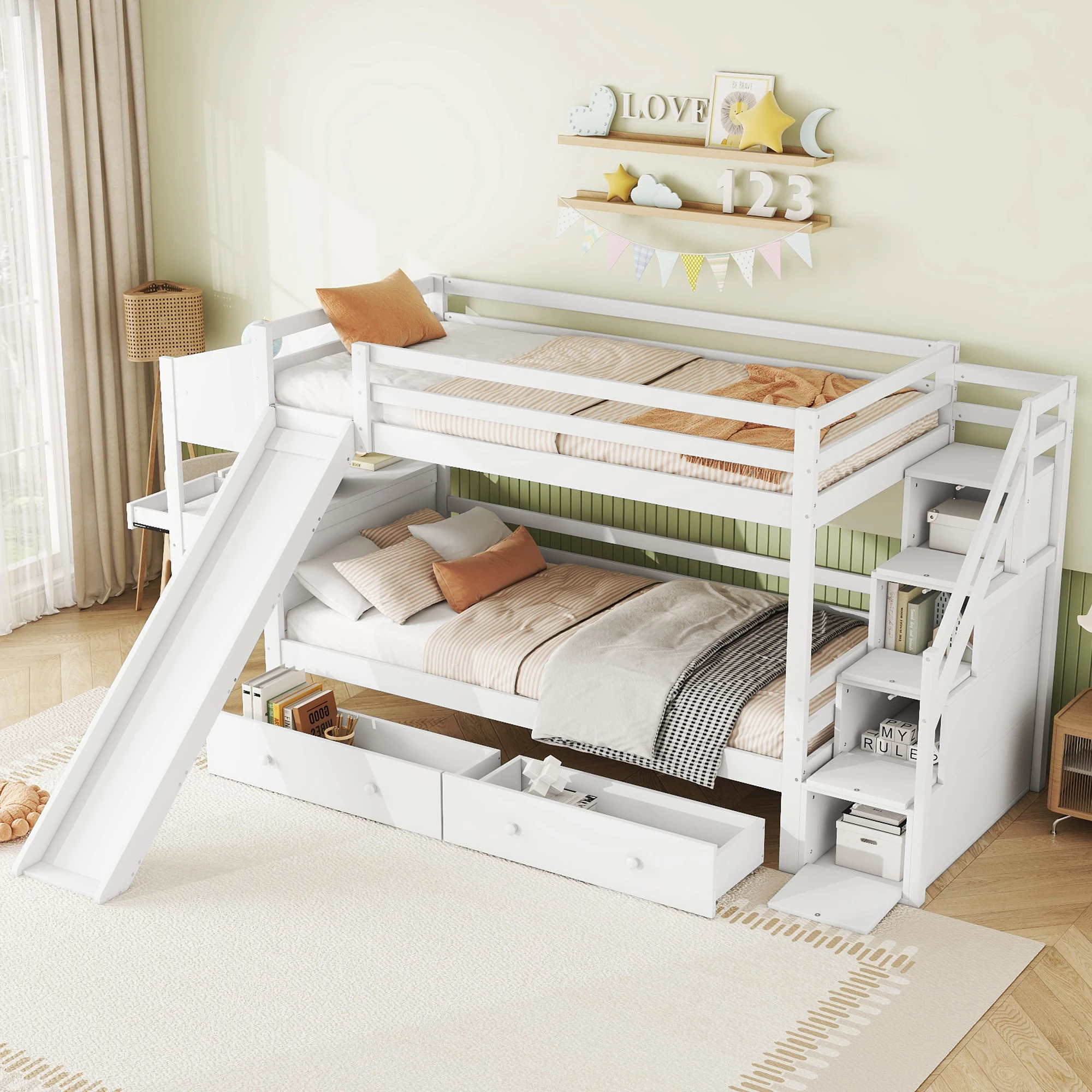 Etagenbett 90x200 cm aus Massivholz mit Rutsche, Multifunktionstisch und Regalleiter, vielseitig, in