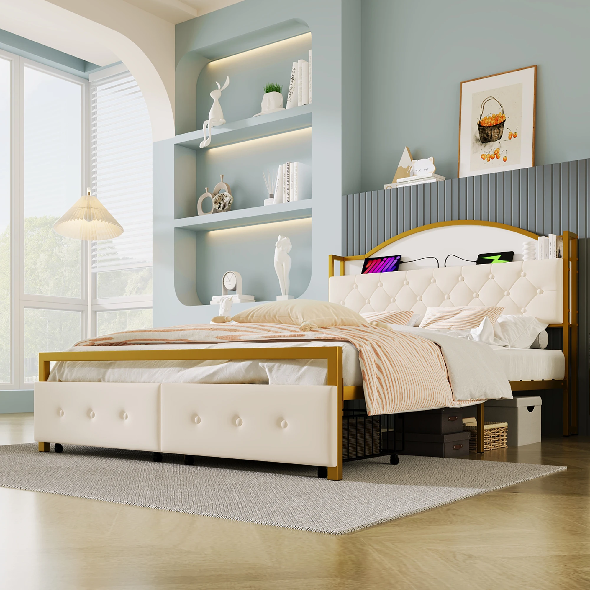 Flachbett 140x200 cm, Eisenbett mit integriertem Staufach im Kopfteil, USB-Anschluss und Schubladen,