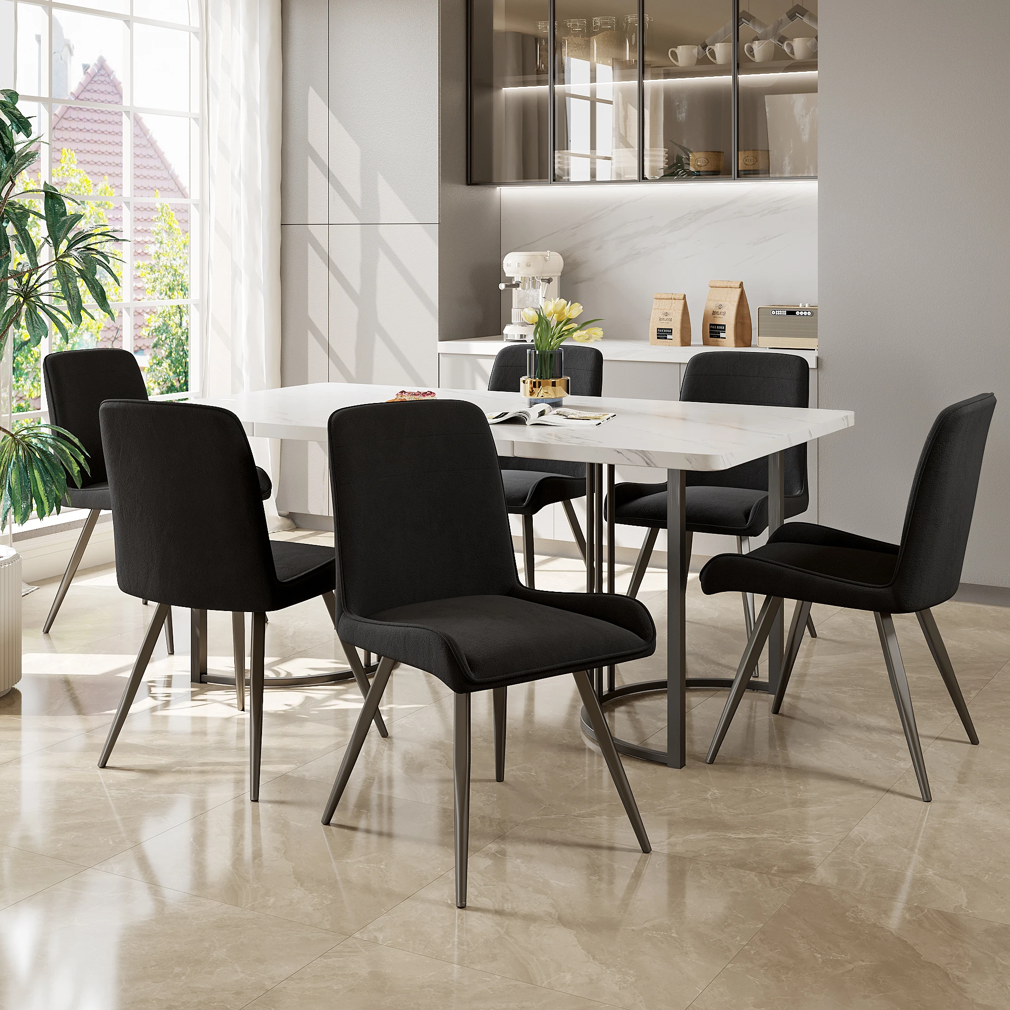 7-tlg Essgruppe, 140x80 cm Esstisch mit 6 Stühlen, Moderner Küchentisch, Weiße MDF Tischplatte,