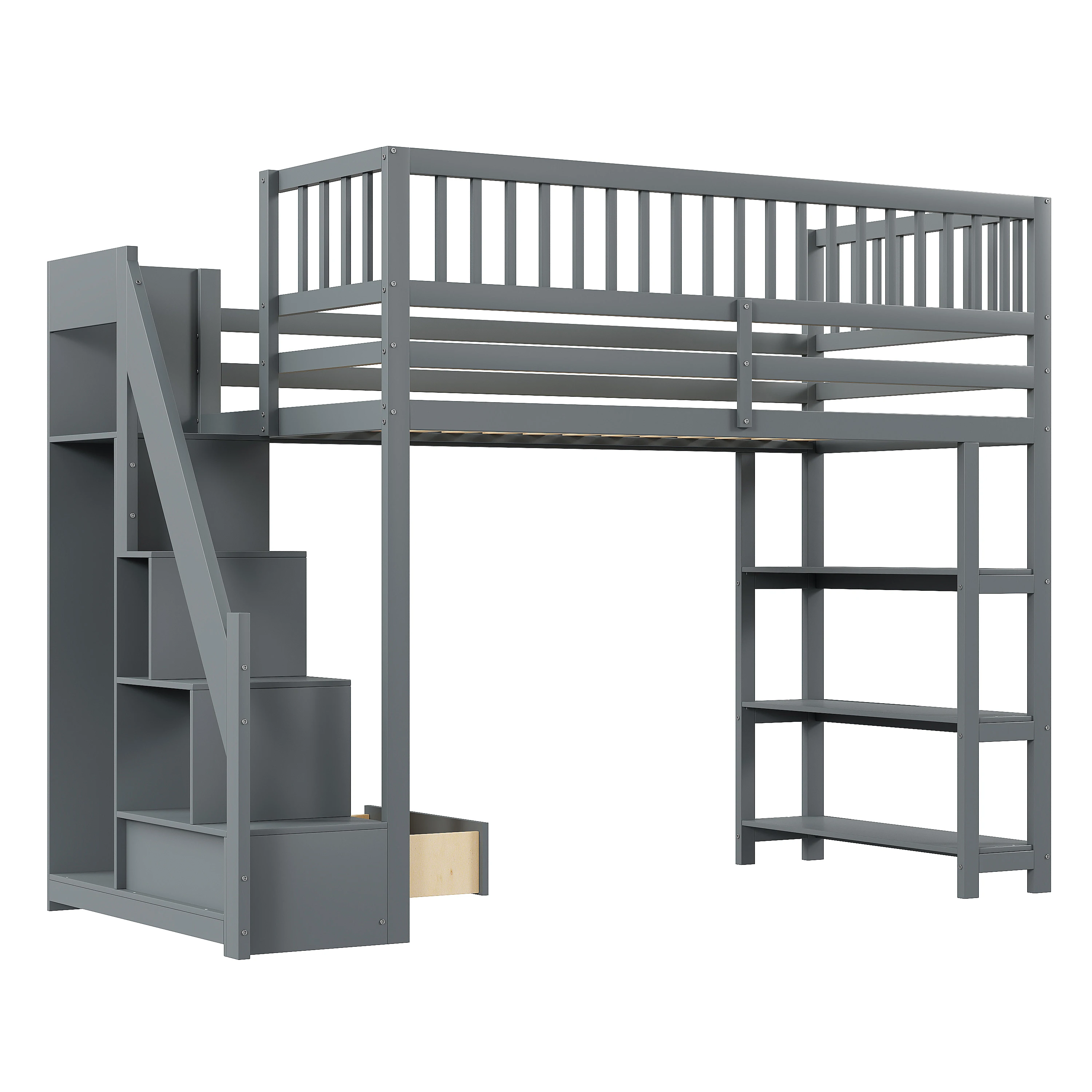Hochbett 90x200 cm mit Kleiderschrank und Stauraumregalen, Sicherheitsleiter, Grau