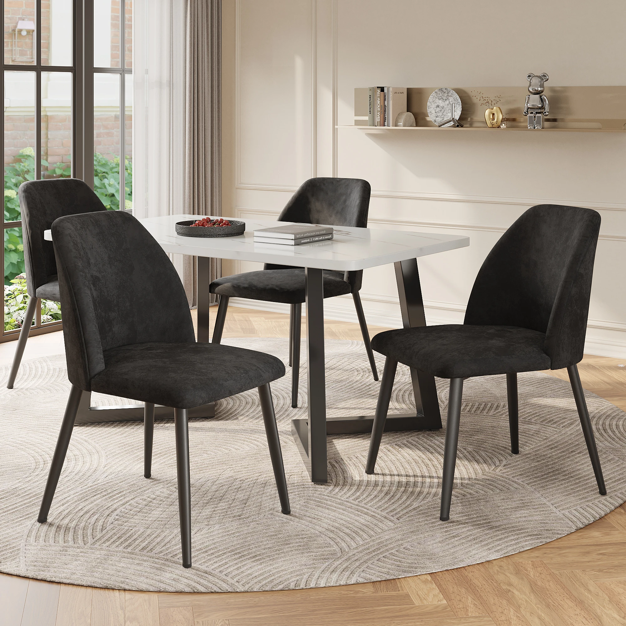 5-tlg Essgruppe, 117x68 cm Esstisch mit 4 Stühlen, Marmormuster Küchentisch, Dunkelgrauer Stuhl mit