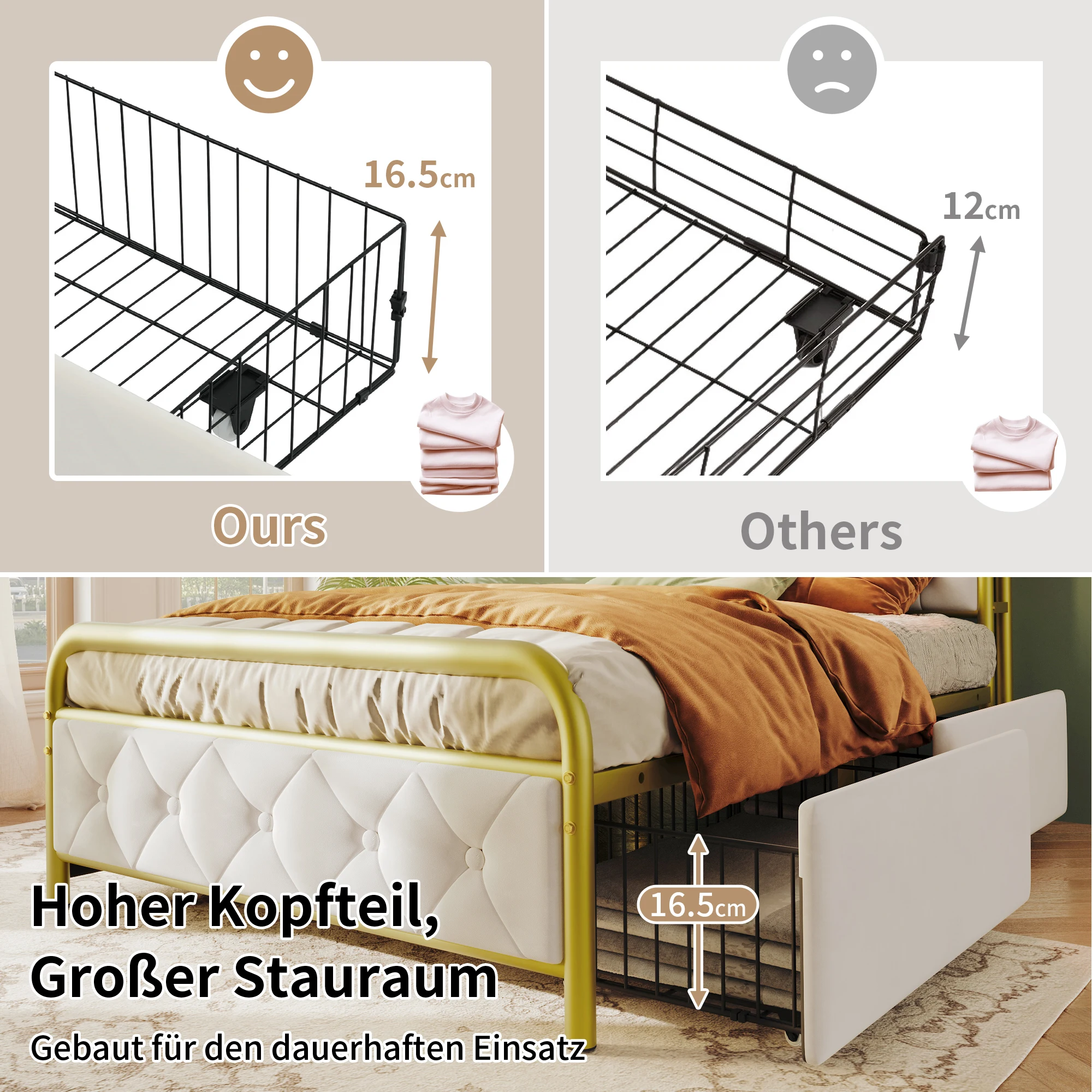 Einzelbett mit USB Typ-C Ladefunktion, APP-gesteuerte LED, Metallbett 90×200 cm, Samt, 2 Schubladen,