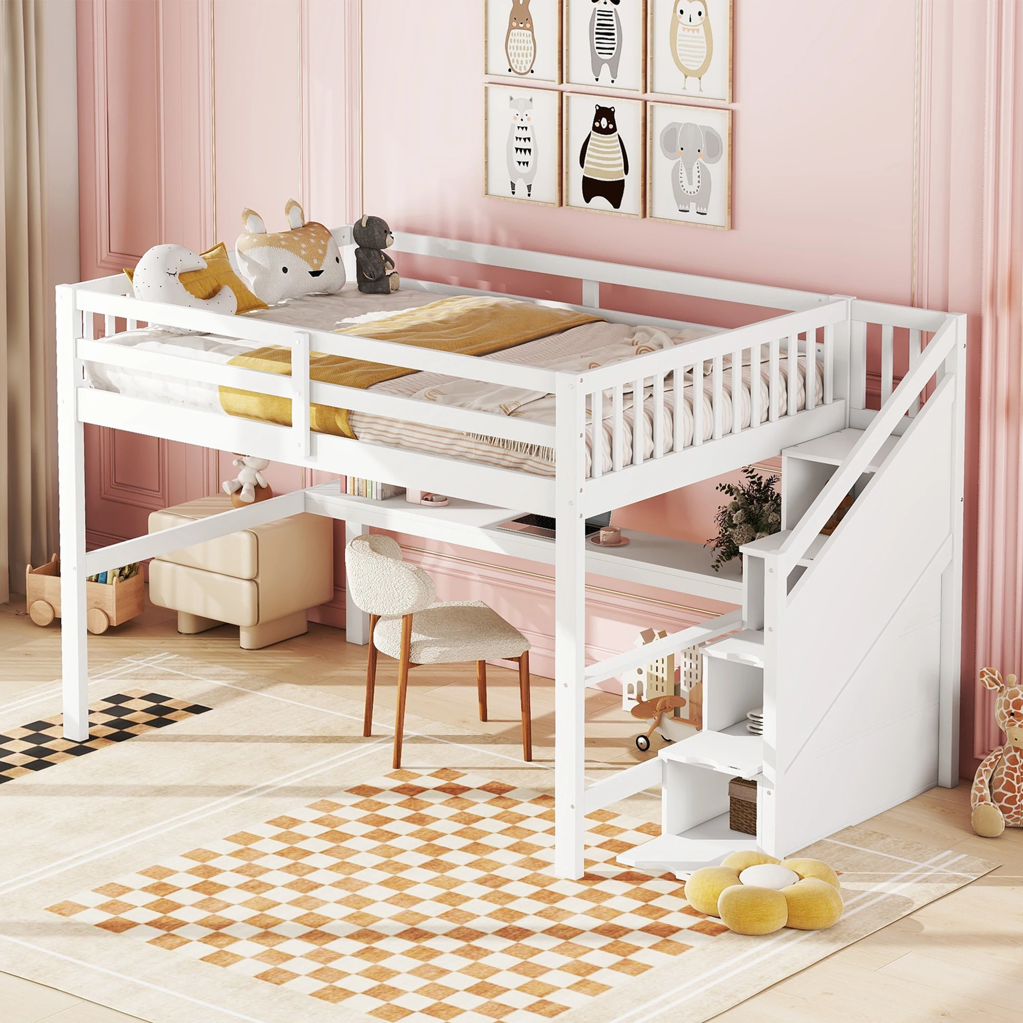 Kinderhochbett 140x200 cm, weißes Stauraumbett mit Schubladen und integriertem Schreibtisch