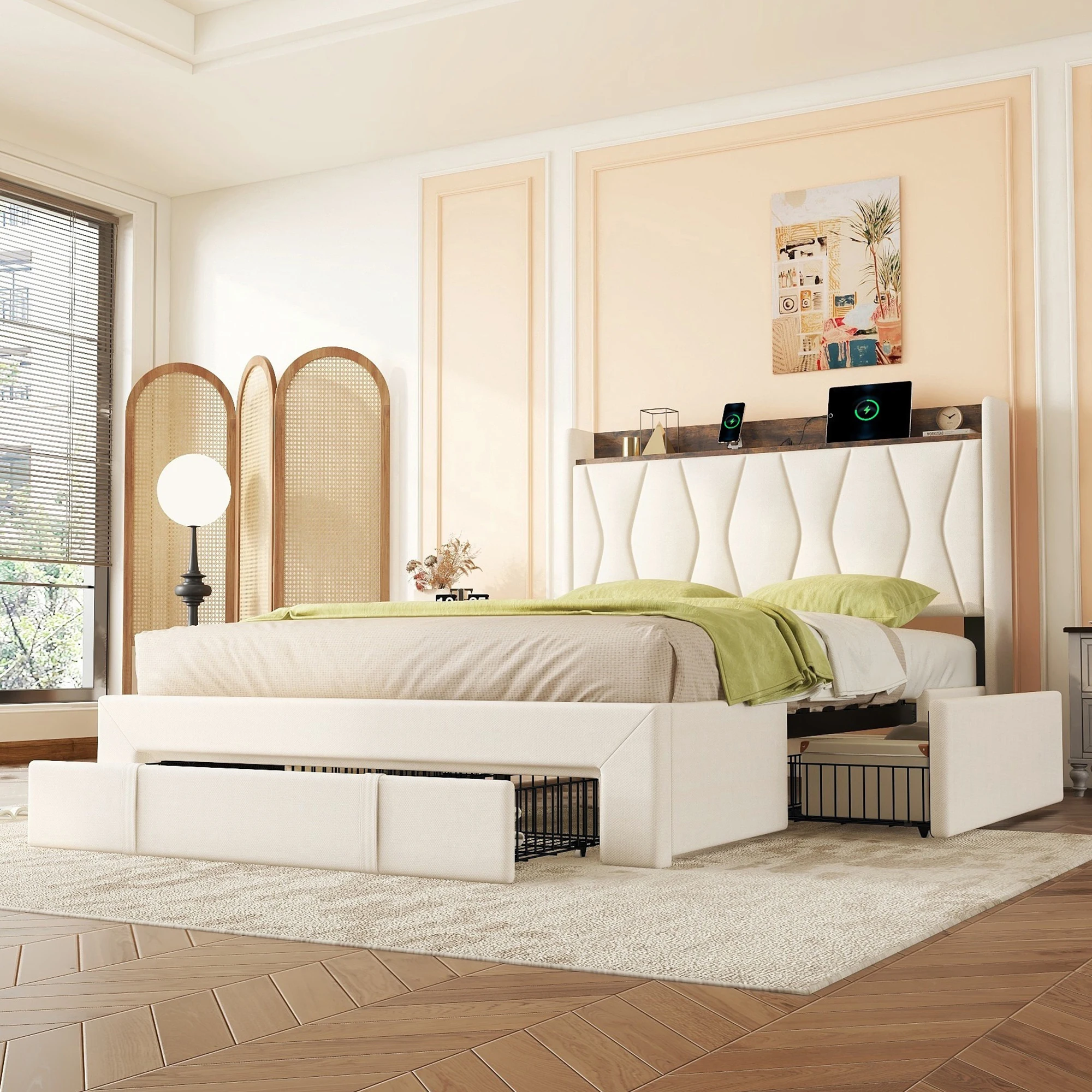 Flachbett 160x200 cm, gepolstert, mit Nachttisch USB, großer Stauraum, 3 Schubladen, Beige