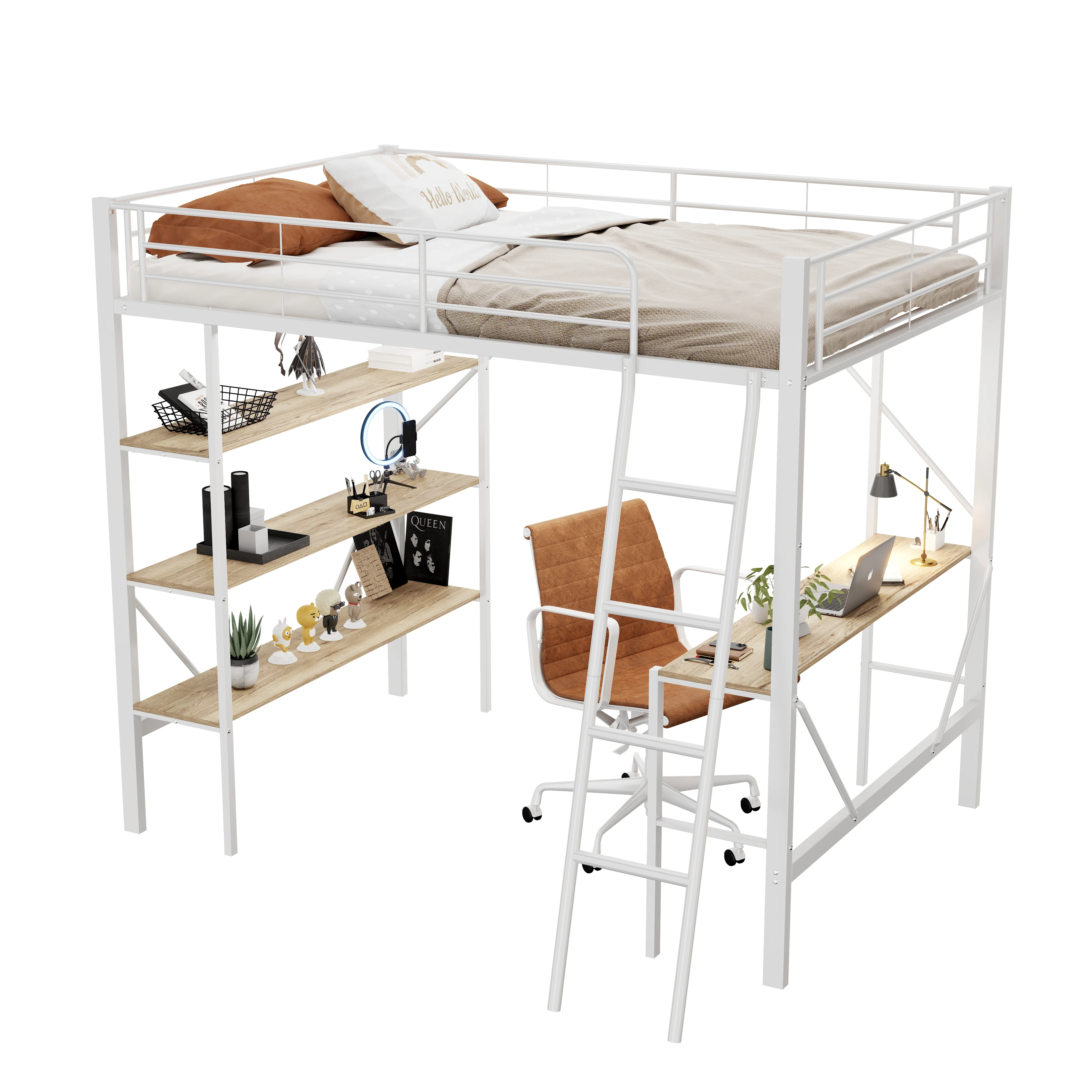 90x200 cm Metallbett, Hochbett mit Schreibtisch, 3 Ablagen für Kinder, Jugendliche und Erwachsene,