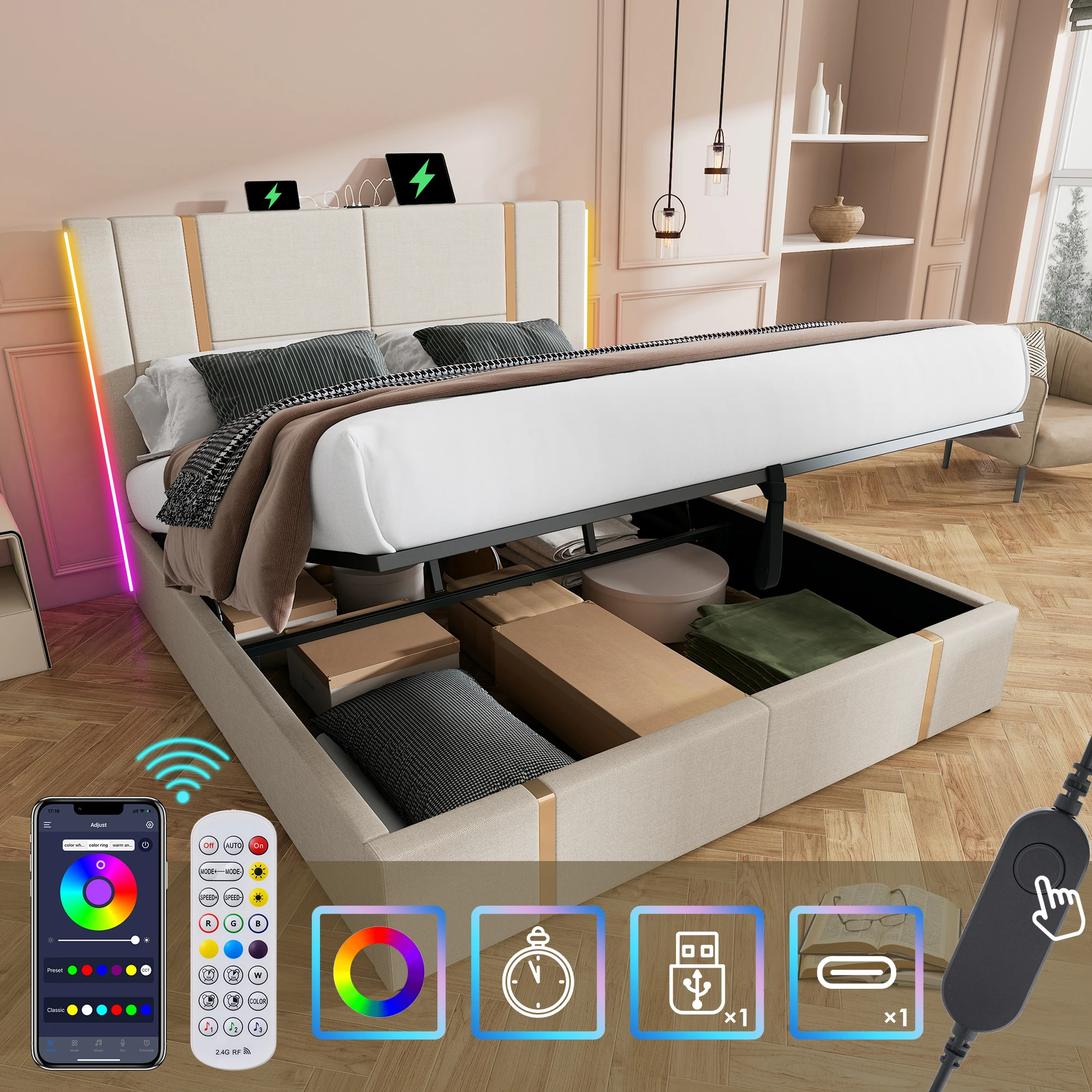 Polsterbett Doppelbett mit USB-C-Ladefunktion, LED 160x200, Stauraumbettgestell mit Holzlattenrost,