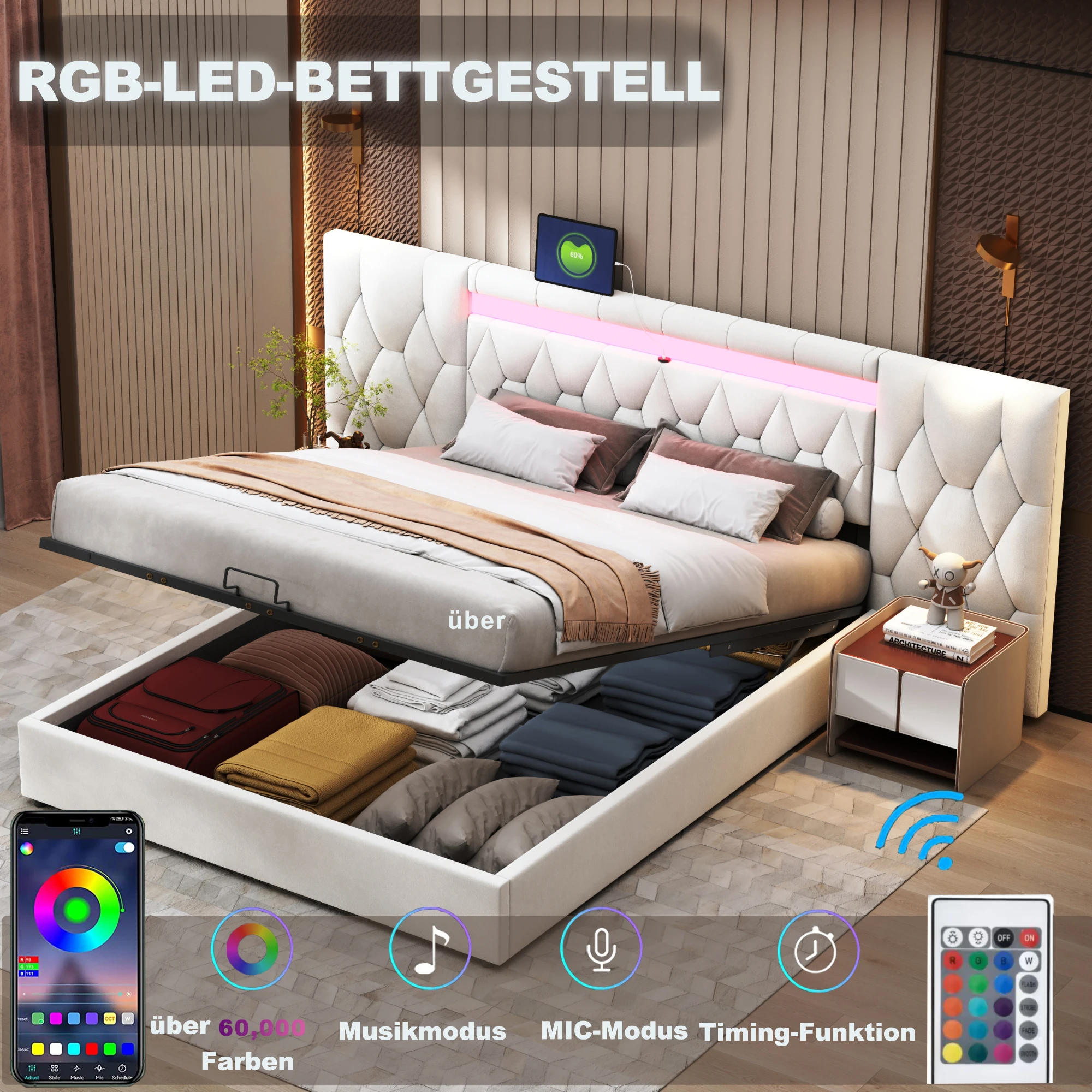 Samt-Polsterbett 140x200 cm, mit LED-Beleuchtung, USB-Steckdose und hydraulischem Stauraumsystem,