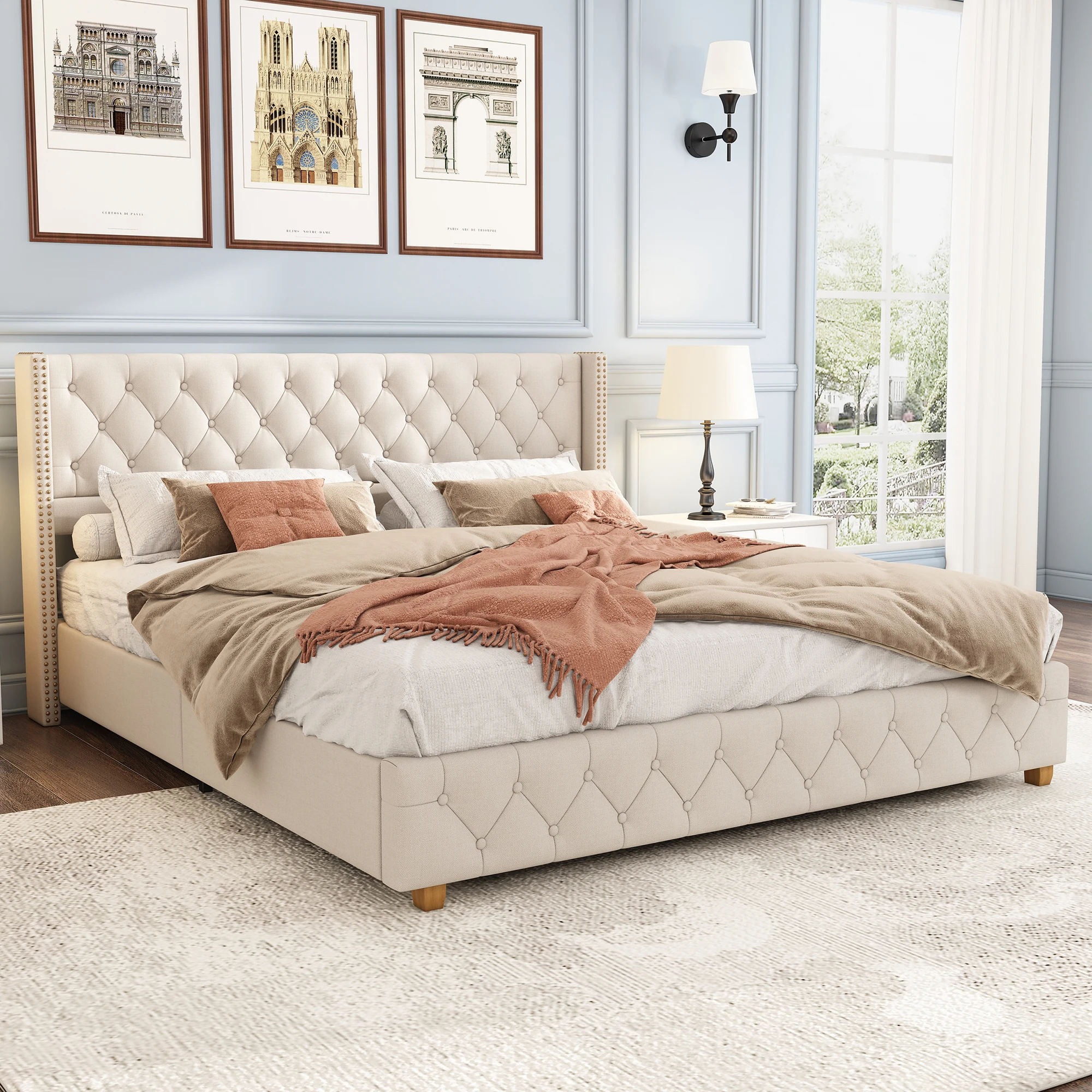 Polsterbett 160x200 cm mit Kopfteil und Lattenrost, Knopfpolsterung, Holzbeine, Leinenbezug, Beige