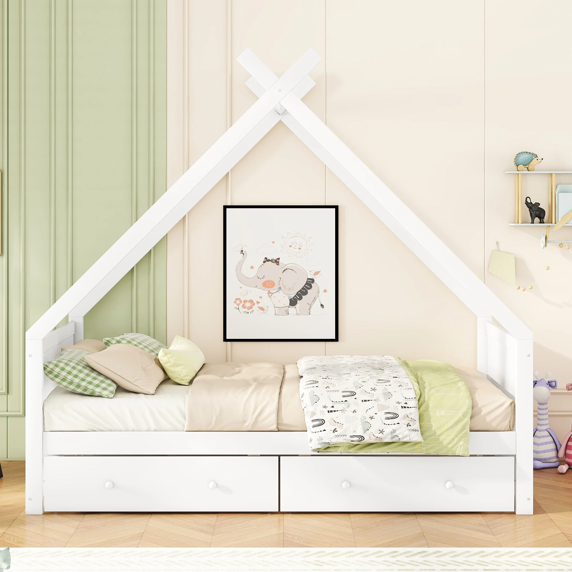 Bett 90x200 cm, flaches Design mit Hausleiste und zwei Ablagefächern, minimalistischer Stil, Weiß