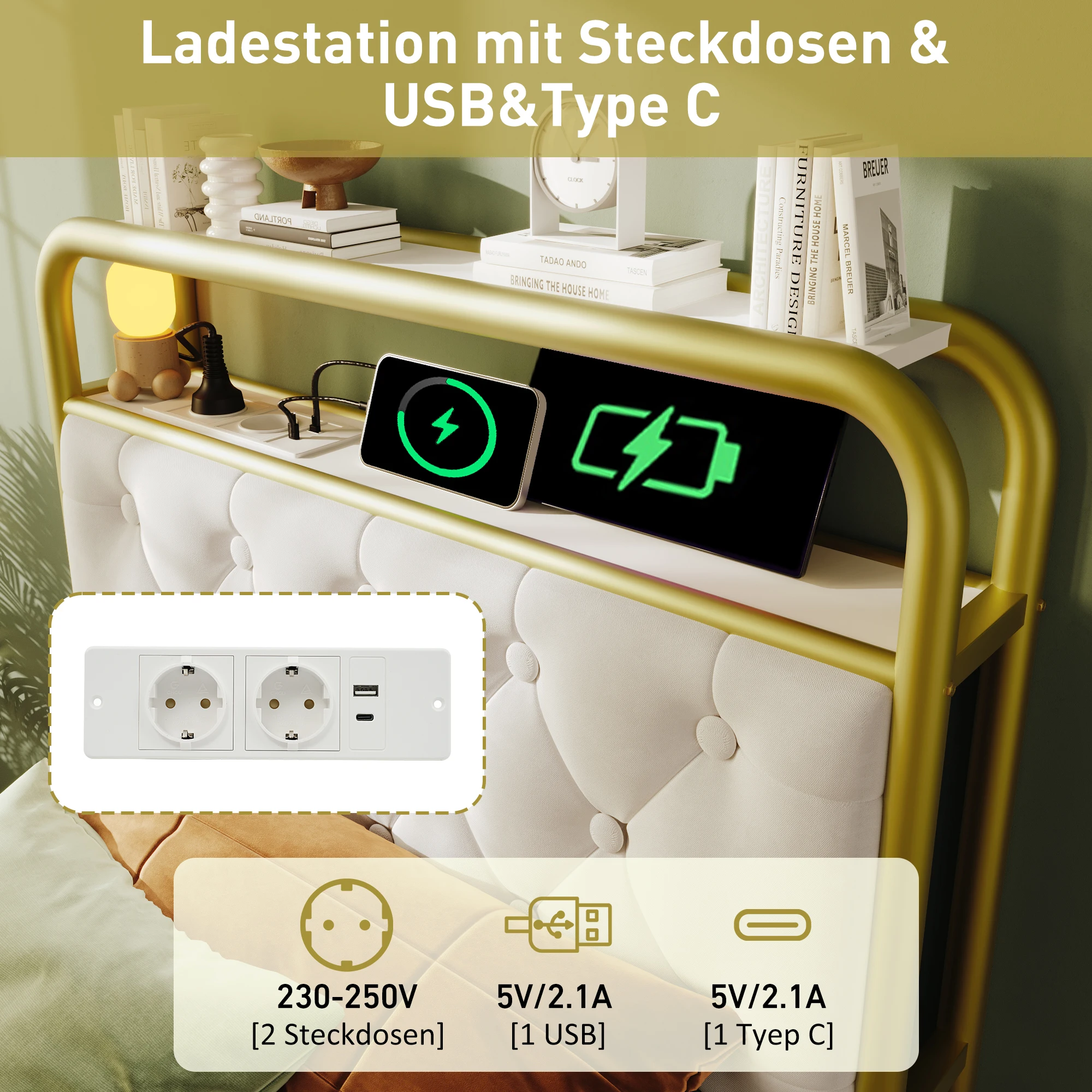Polster-Einzelbett mit USB-C Ladefunktion, LED-Beleuchtung, Metallrahmen, 90x200 cm, inkl. Matratze,