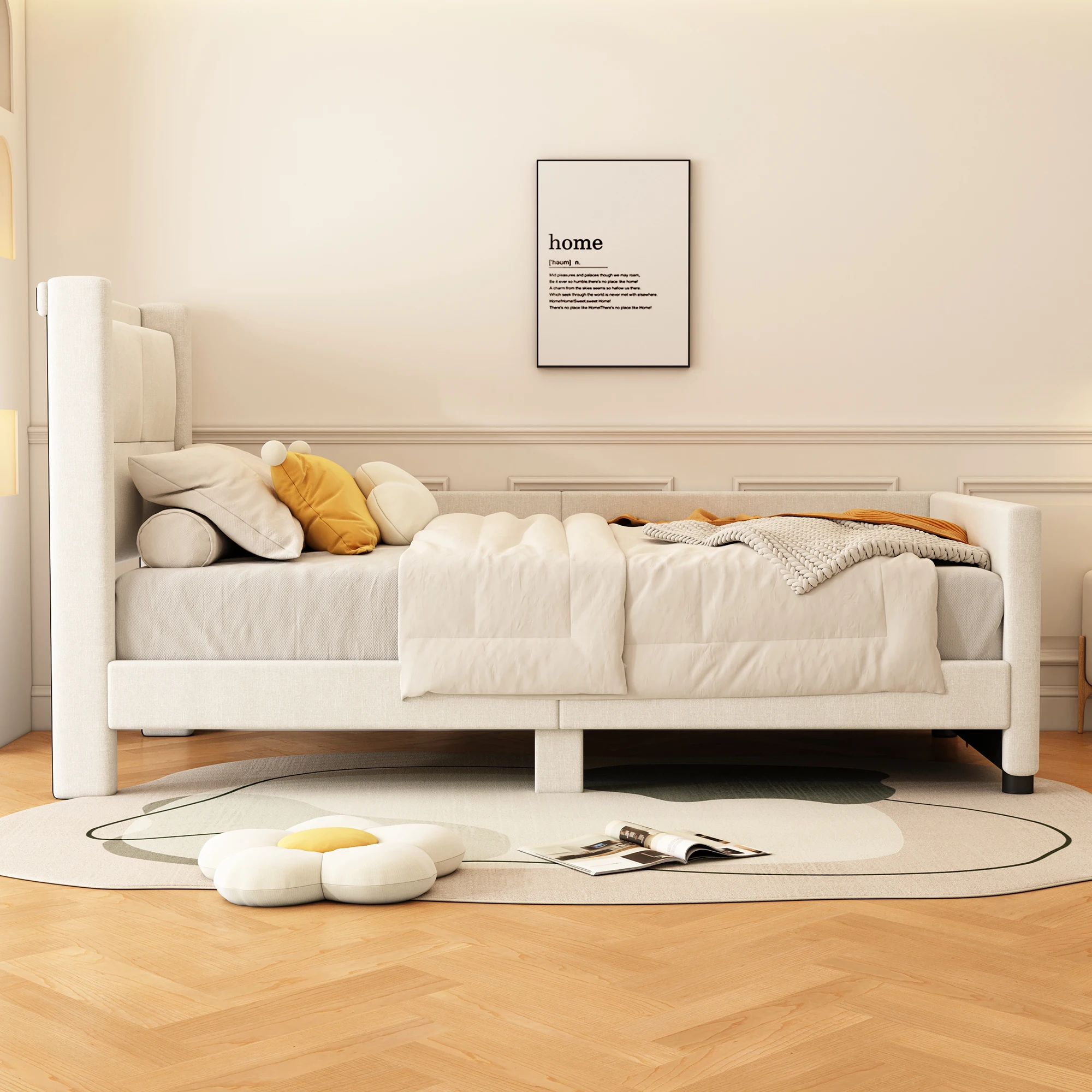 90x200 cm Polsterbett mit USB-Anschluss, schlichtes minimalistisches Design, Beige