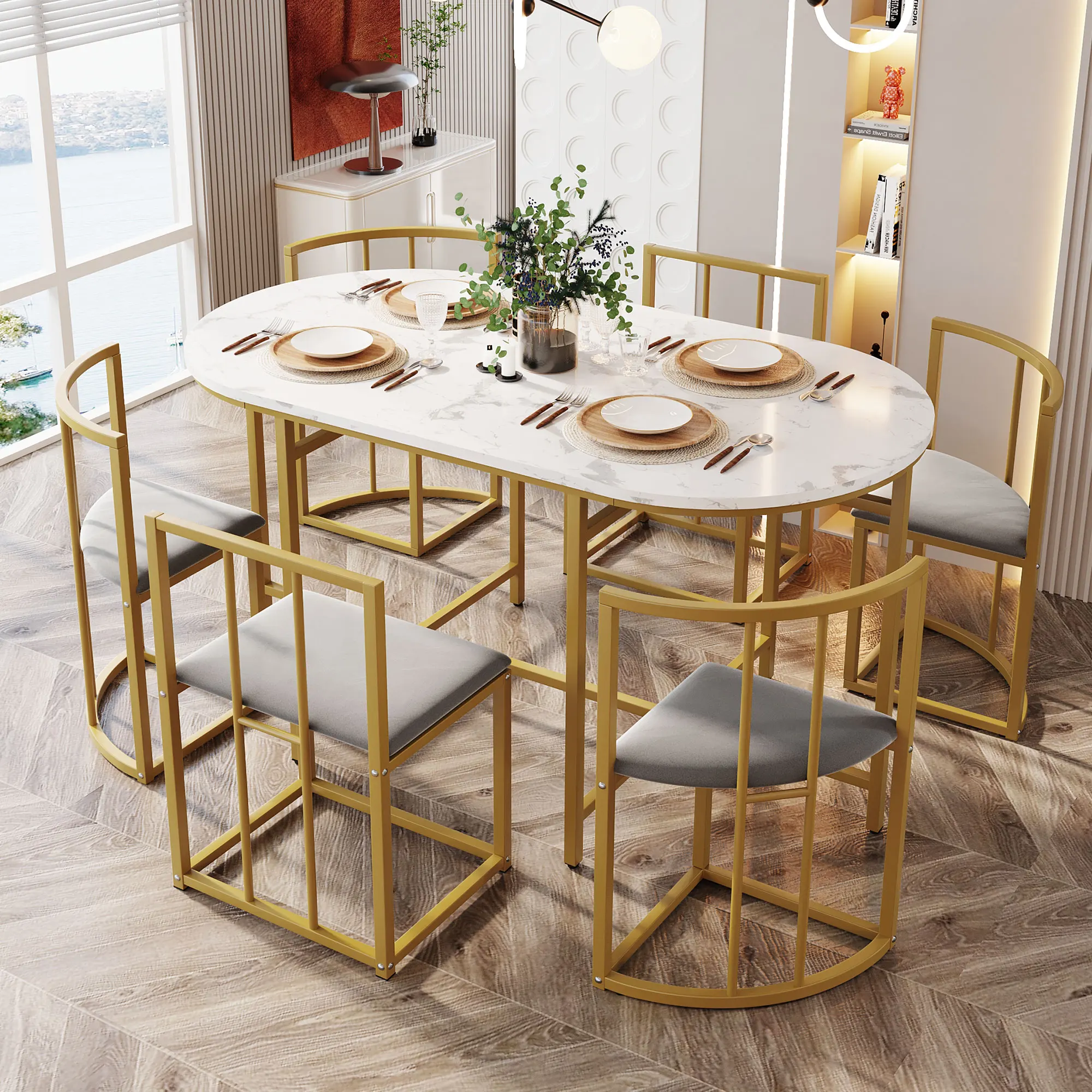 Essgruppe mit 6 Stühlen, Weißer Tisch, Stühle mit grauen Polstern, Goldenes Eisengestell