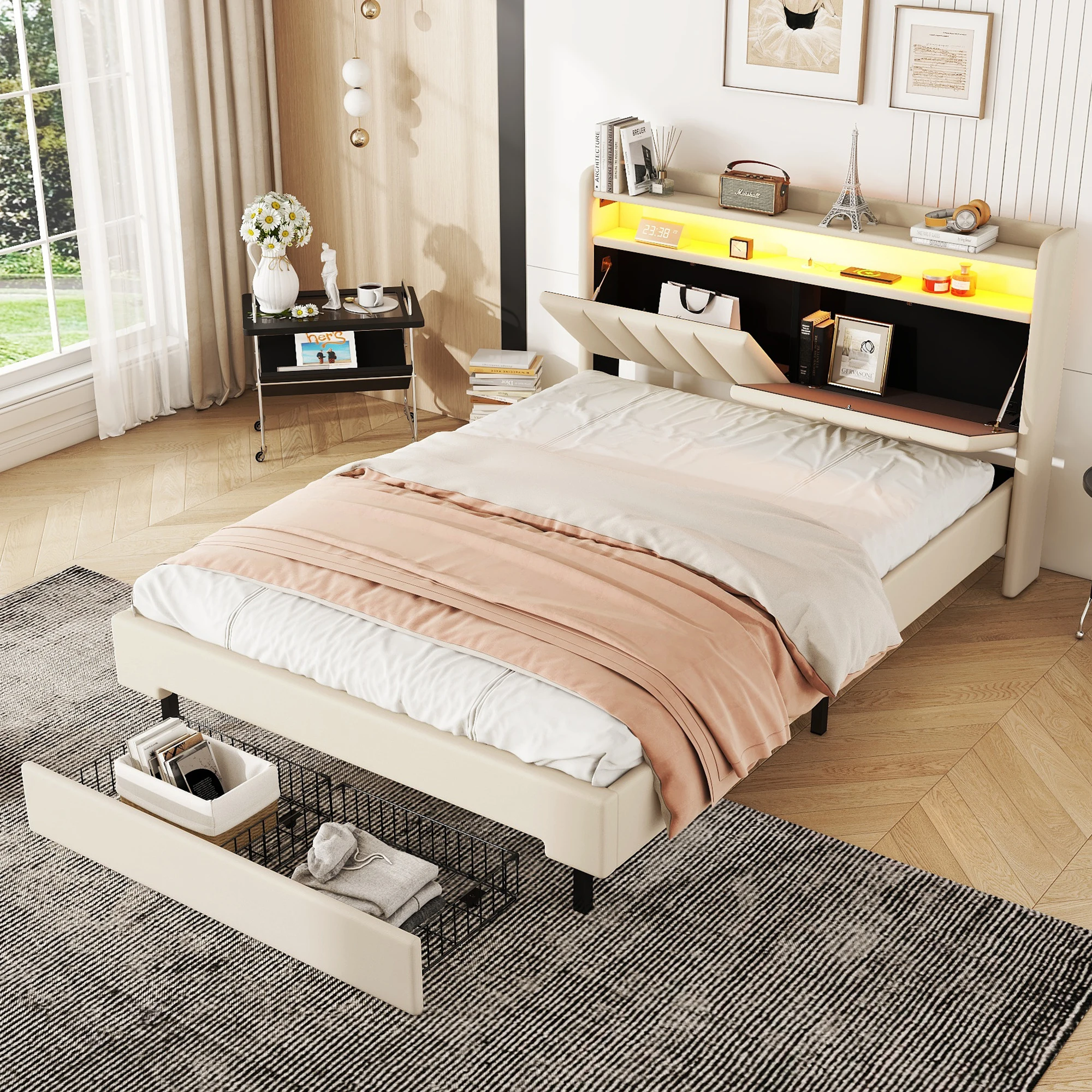 Flachbett 140x200 cm, Polsterbett mit LED-Wärmelampe, USB-Steckdose, aufklappbarem Kopfteil und