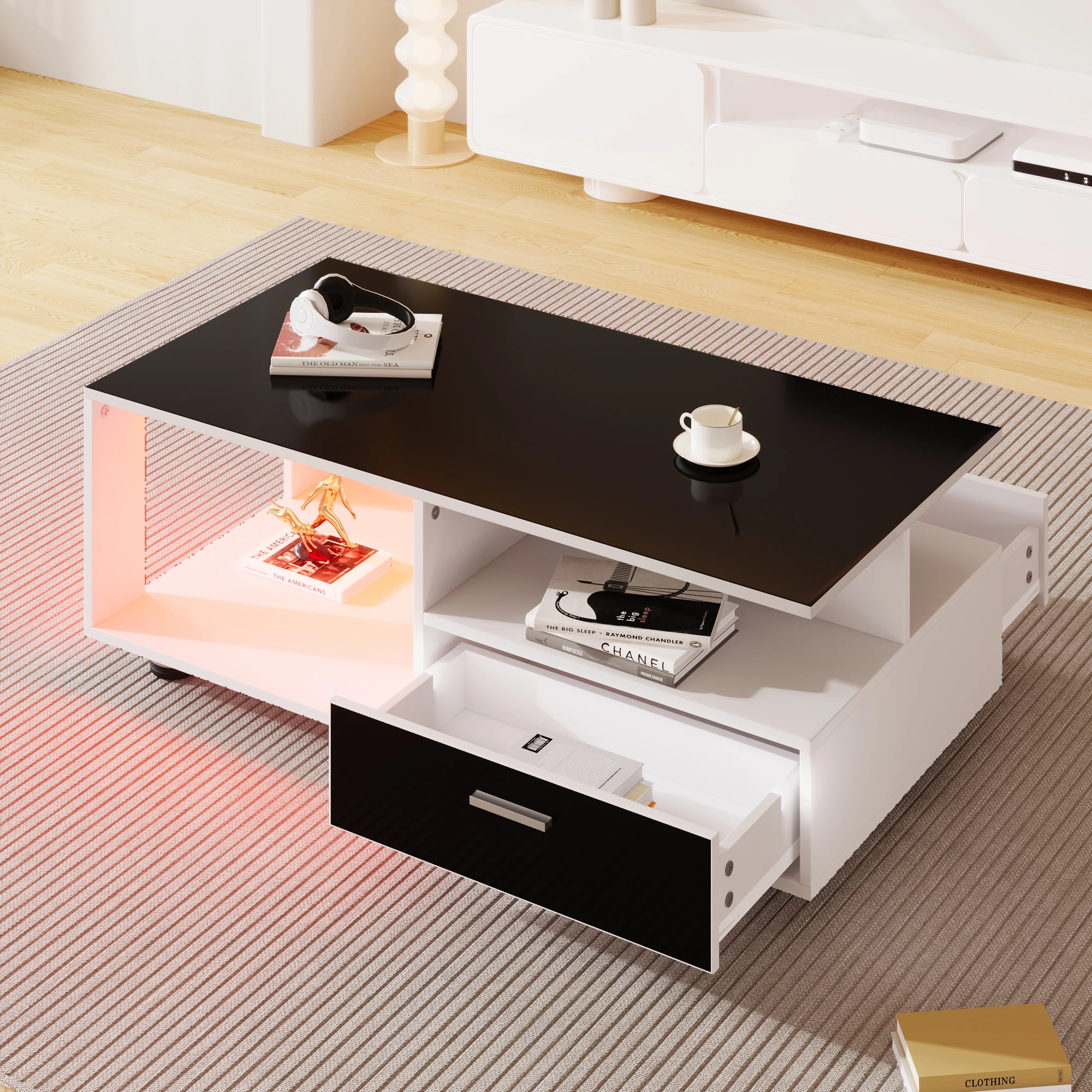 Moderner LED-Couchtisch mit schwarzer Hochglanzplatte und 2 Schubladen, Farbkombination Schwarz-Weiß