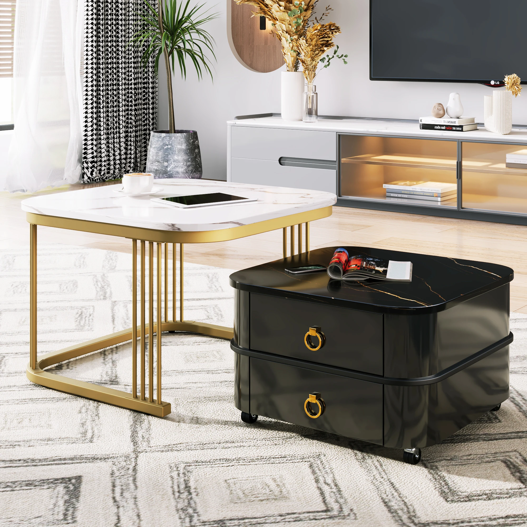 Couchtisch-Set stapelbar: Hochglanz Marmoroptik, Glasplatte, schwarze Beine, Beistelltische mit