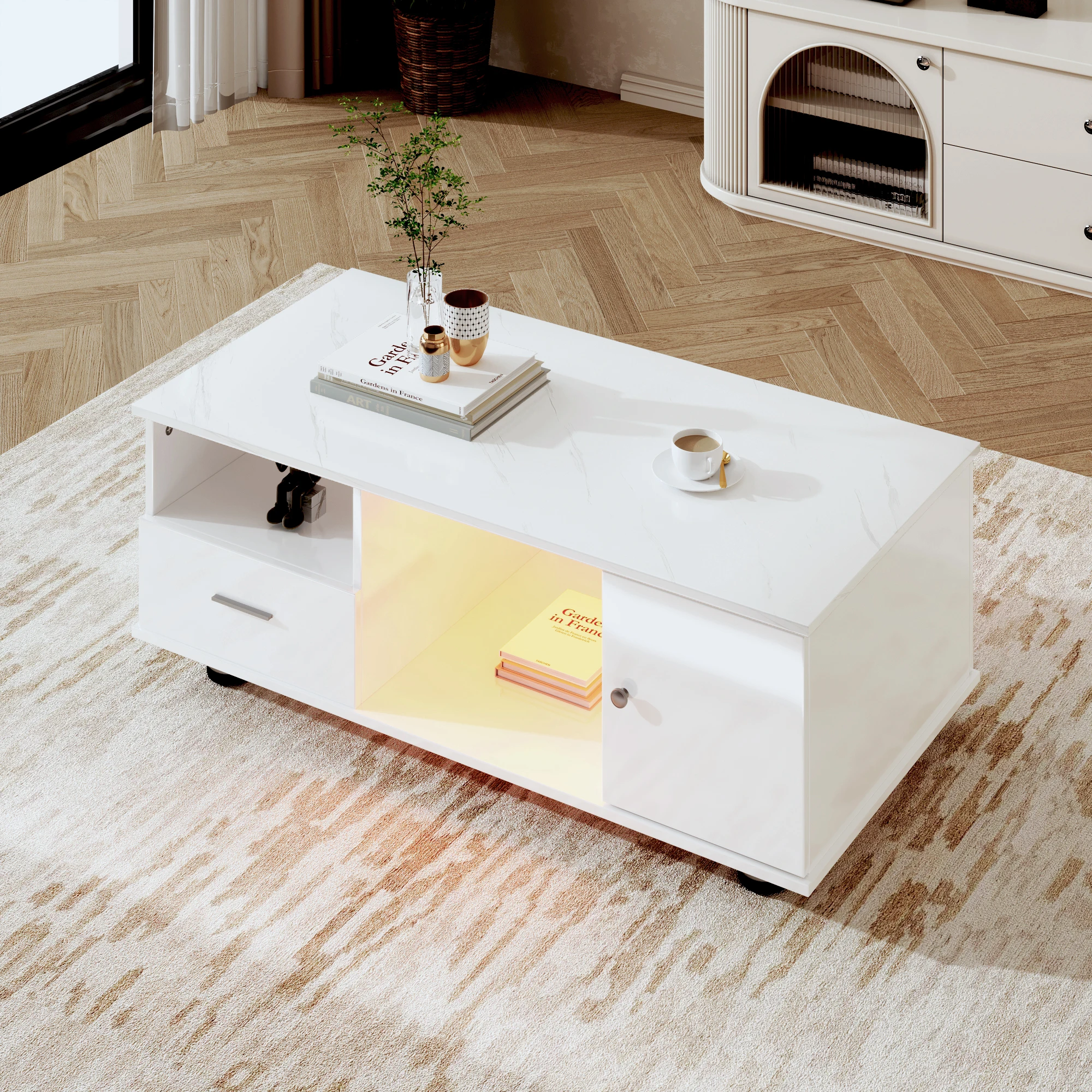 Moderner LED-Couchtisch mit hochglänzender Marmoroptik, zwei Schubladen, elegantes Design