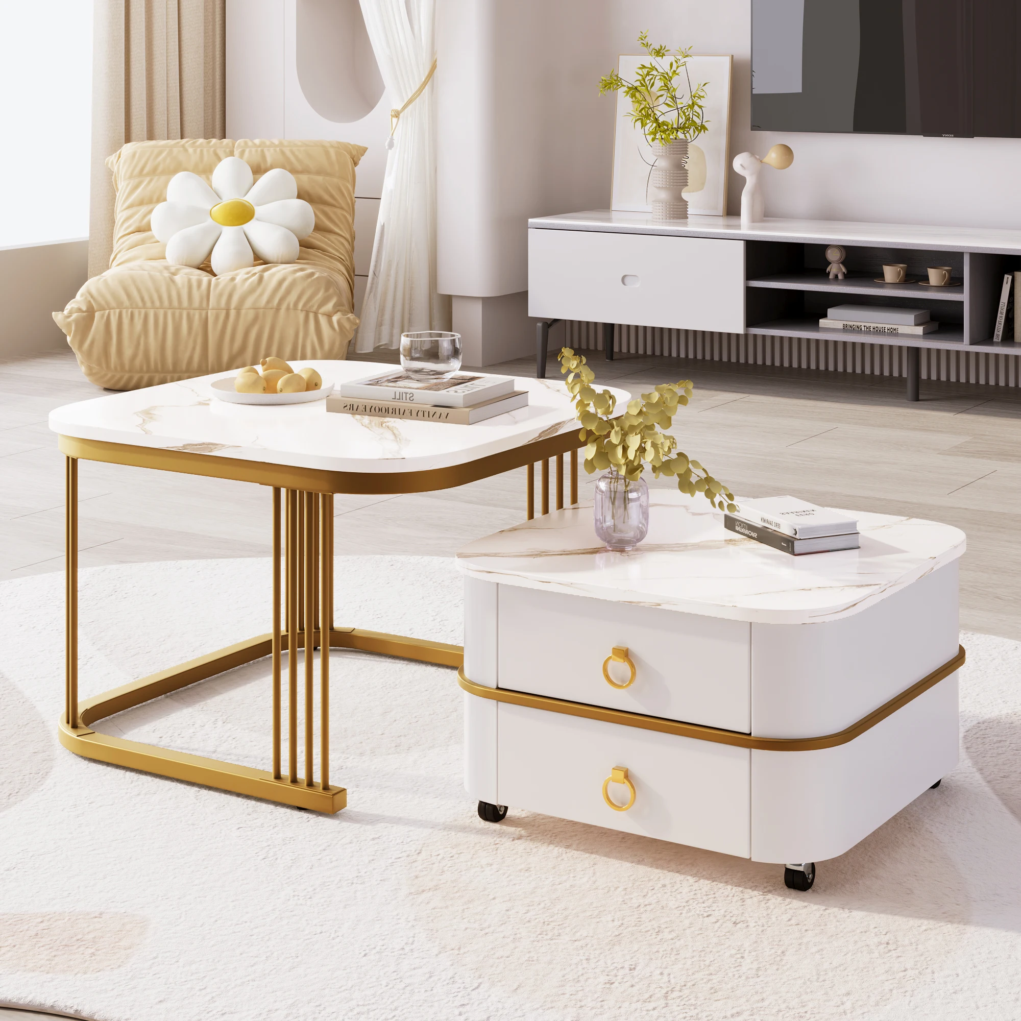 Couchtisch 2er-Set stapelbar: Marmoroptik hochglänzend, goldene Akzente, Beistelltische mit
