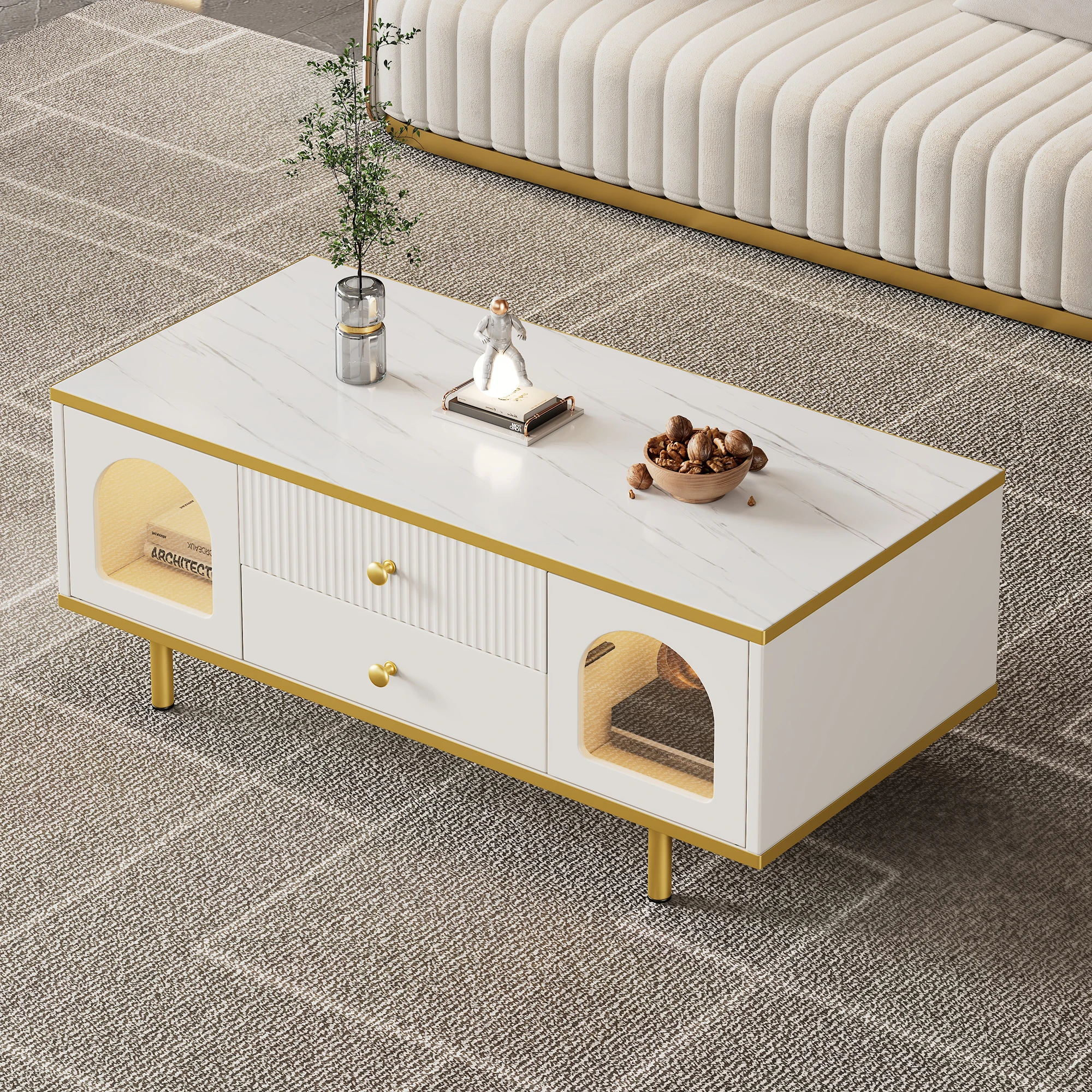 Hochglanz-Couchtisch mit LED-Beleuchtung, Marmor-Optik, Goldenes Metalldekor, Weiß