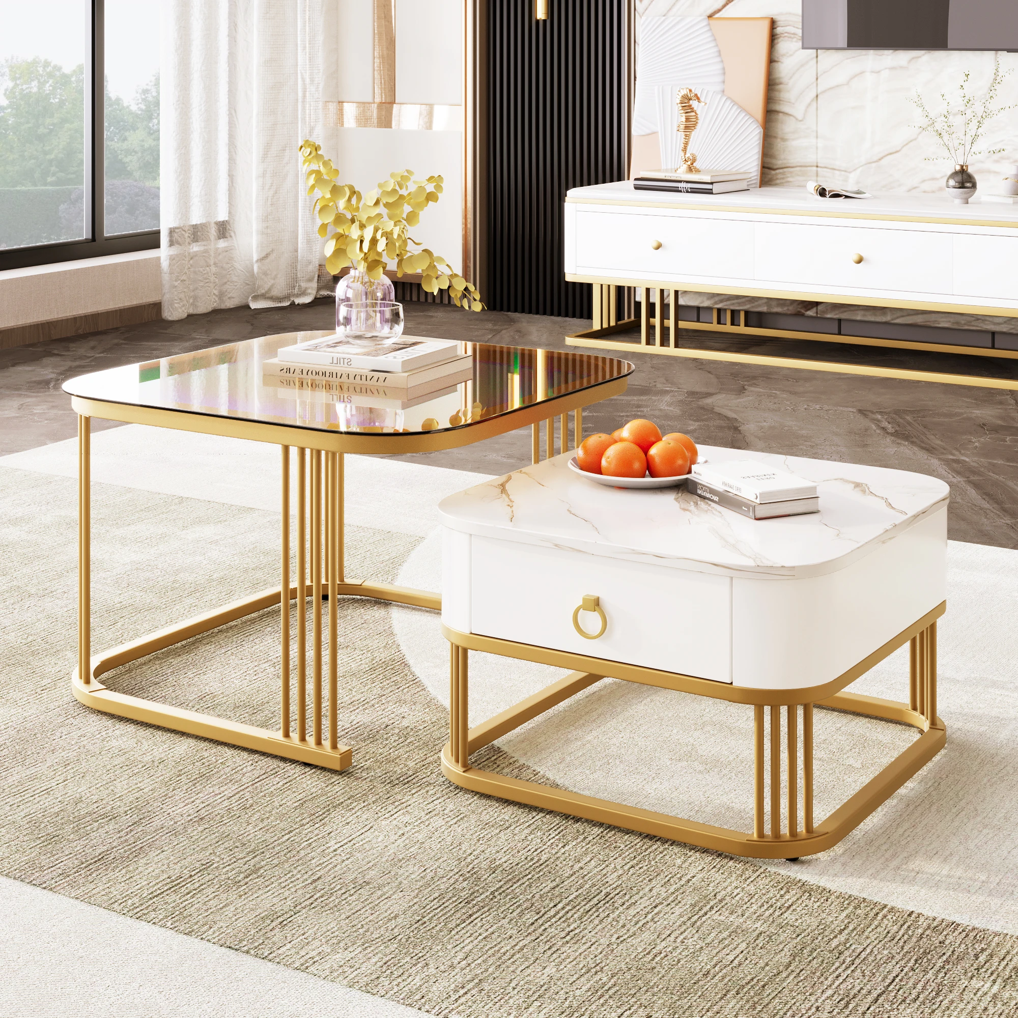 Couchtisch-Set stapelbar: Marmoroptik hochglänzend, Teebraun Glasplatte, goldene Akzente, mit