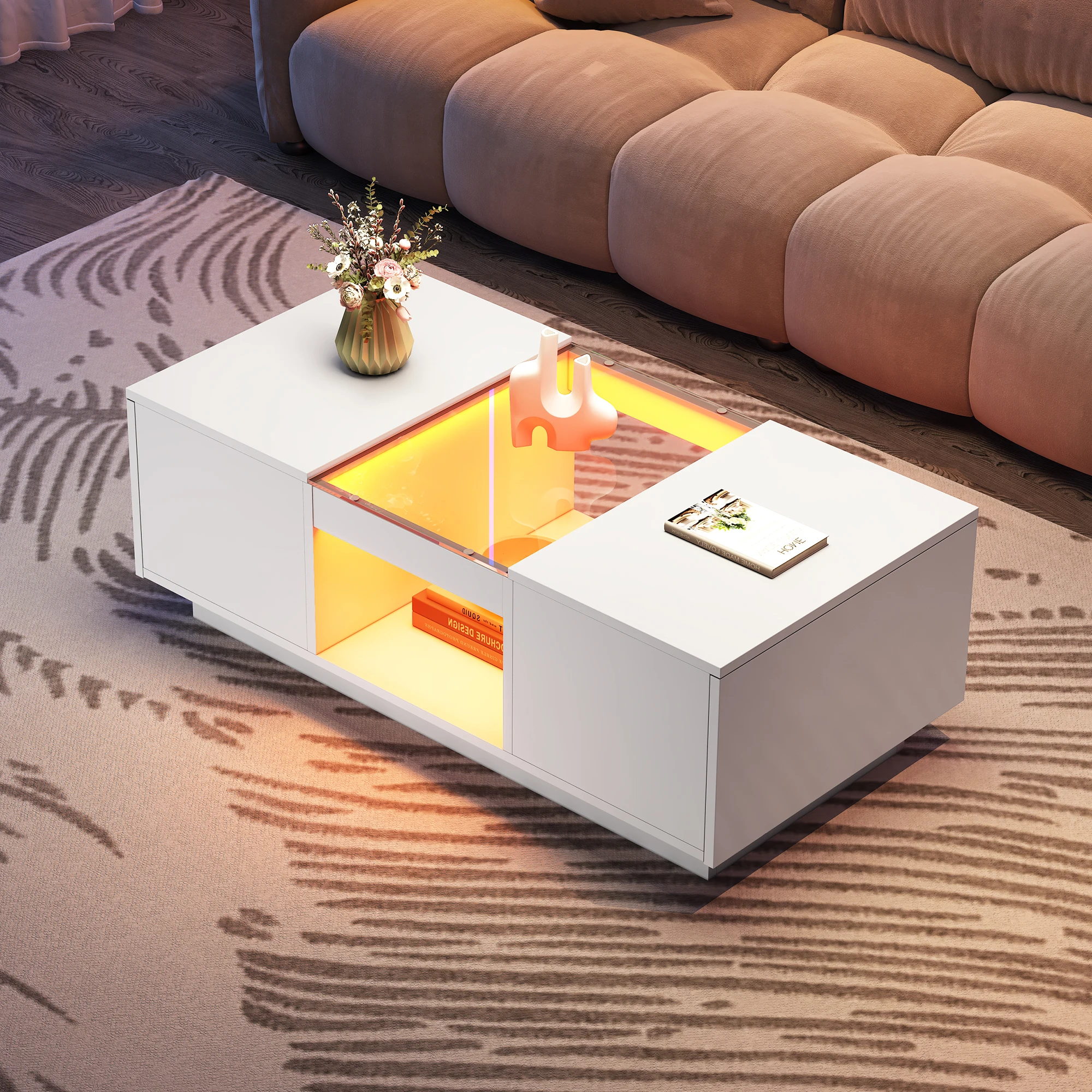 Weißer Couchtisch 100x50x35,5 cm mit Glasverkleidung, LED-Beleuchtung und App-Steuerung, 2