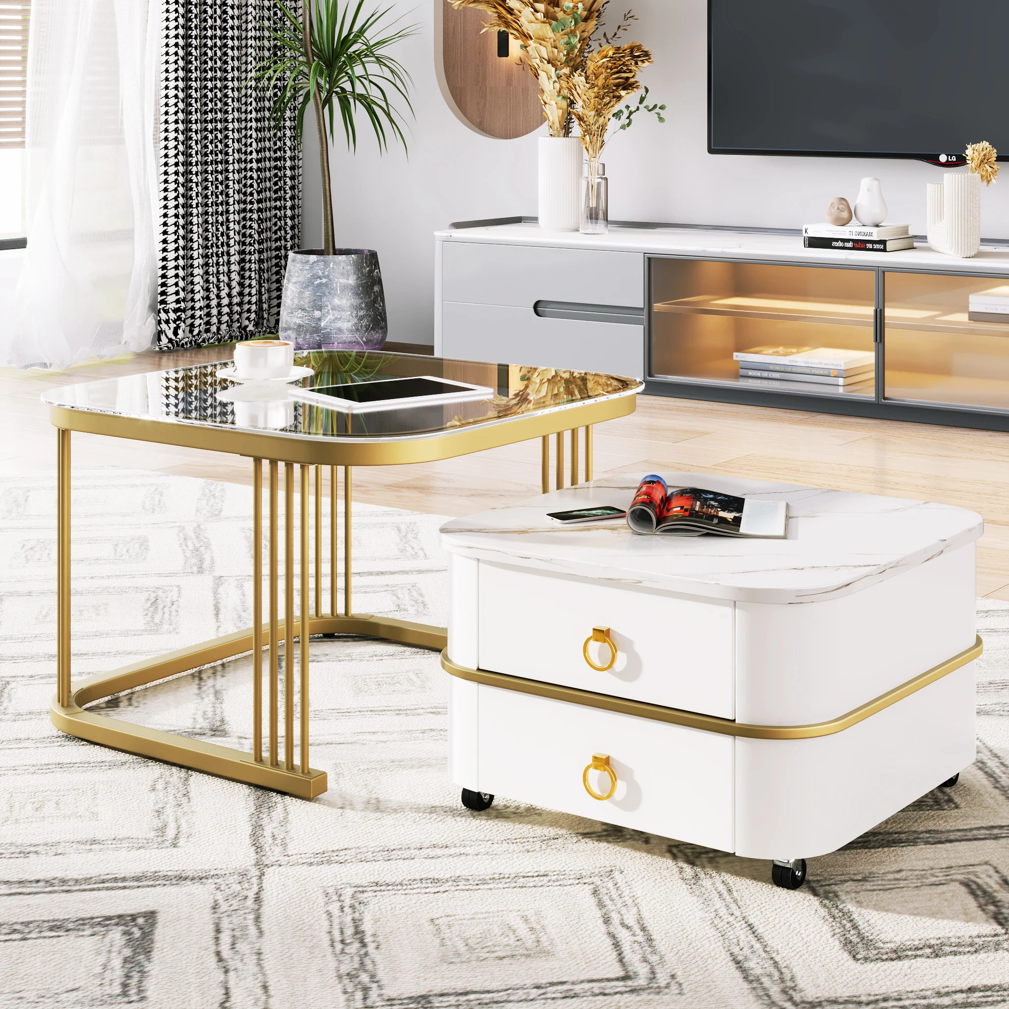 Couchtisch-Set stapelbar: Hochglanz Marmoroptik, Glasplatte, goldene Akzente, Beistelltische mit