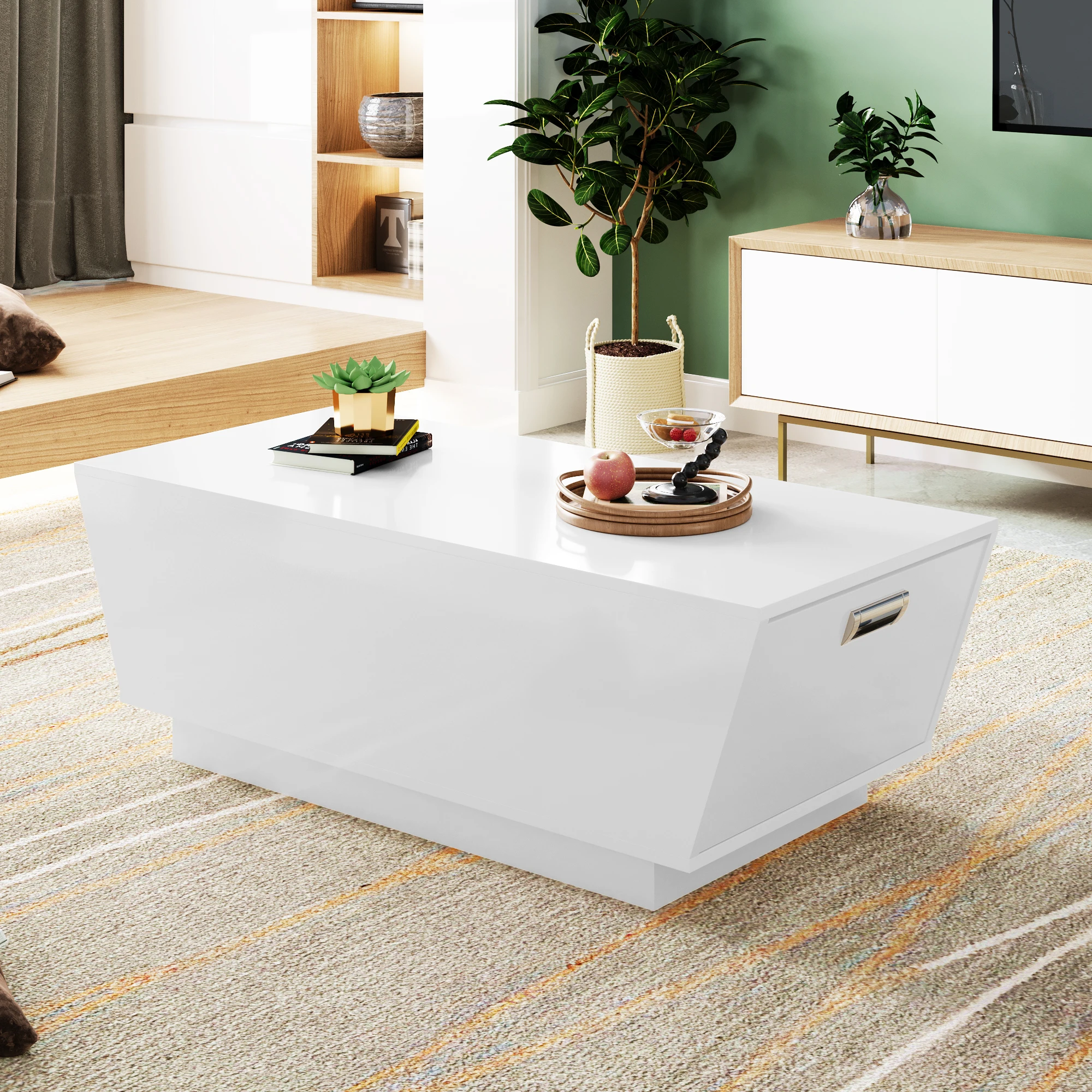 LED-Couchtisch, modernes Design, Hochglanzgriffe, umgedrehtes trapezförmiges Design, elegante