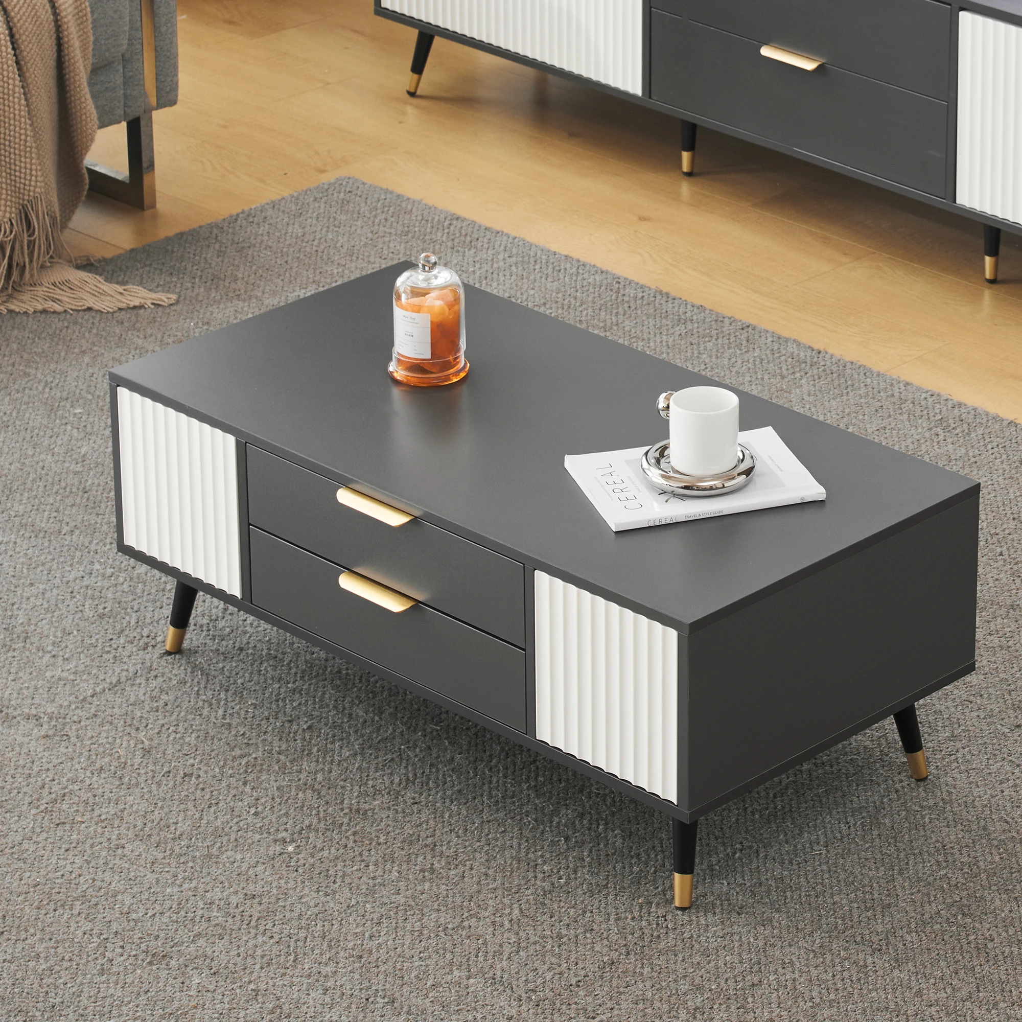 Grau-Weißer Couchtisch 100x50x40 cm mit 2 Türen, 2 Schubladen und goldenen Akzenten, hochwertige